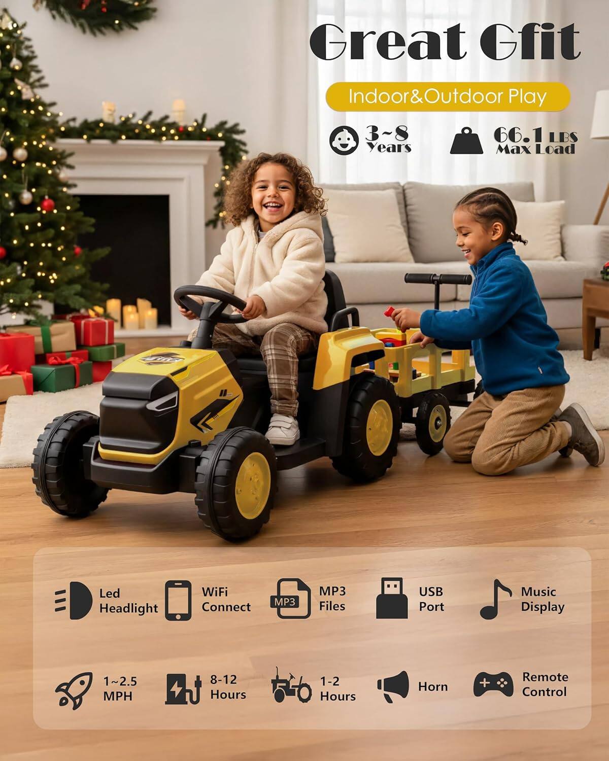 Great Gfit Indoor & Outdoor Play  
3-8 Years  
66.1 LBS Max Load  

Led Headlight  
WiFi Connect  
MP3 Files  
USB Port  
Music Display  
1-2.5 MPH  
8-12 Hours  
1-2 Hours  
Horn  
Remote Control