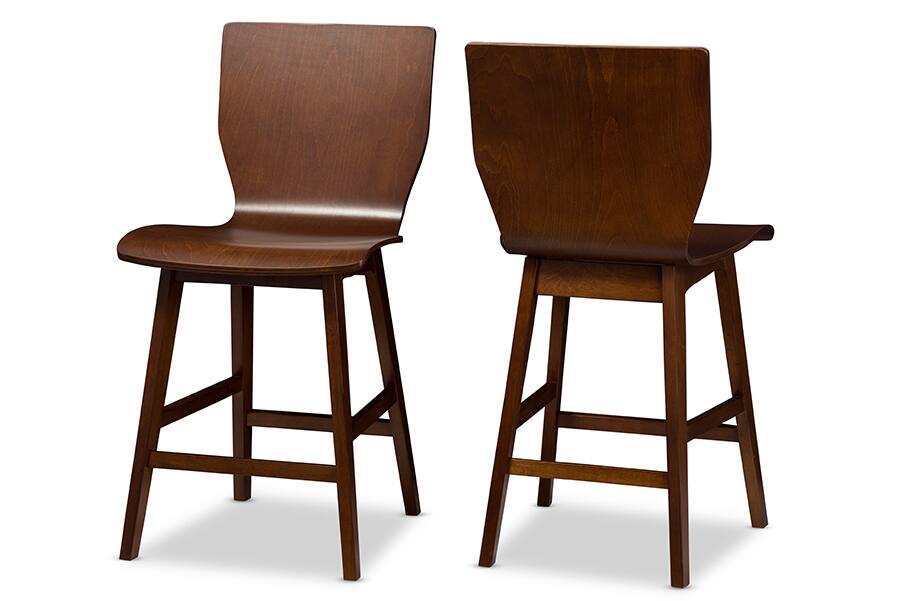 Angle. Baxton Studio - Elsa Mid-century Modern Scandinavian Style Walnut Bent Wood Counter Stool - "Walnut" Dark Brown.