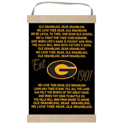 Ole Grambling, dear Grambling,
We love thee dear, Ole Grambling
We're loyal to thee, our dear ole school
We'll fight for thee forevermore.
And when life's game is fought and won,
The hills will ring with victory's song.
Ole Grambling, dear Grambling,
We love thee dear, Ole Grambling.
Ole Grambling, dear Grambling,
We love thee dear, Ole Grambling.
Est 1901
We love thee dear, Ole Grambling
Long may thee stand 'till all the land has felt the worth of thy great hand.
And when thy sons to battle go,
The hills will ring from shore to shore.
Ole Grambling, dear Grambling,
We love thee dear, Ole Grambling.