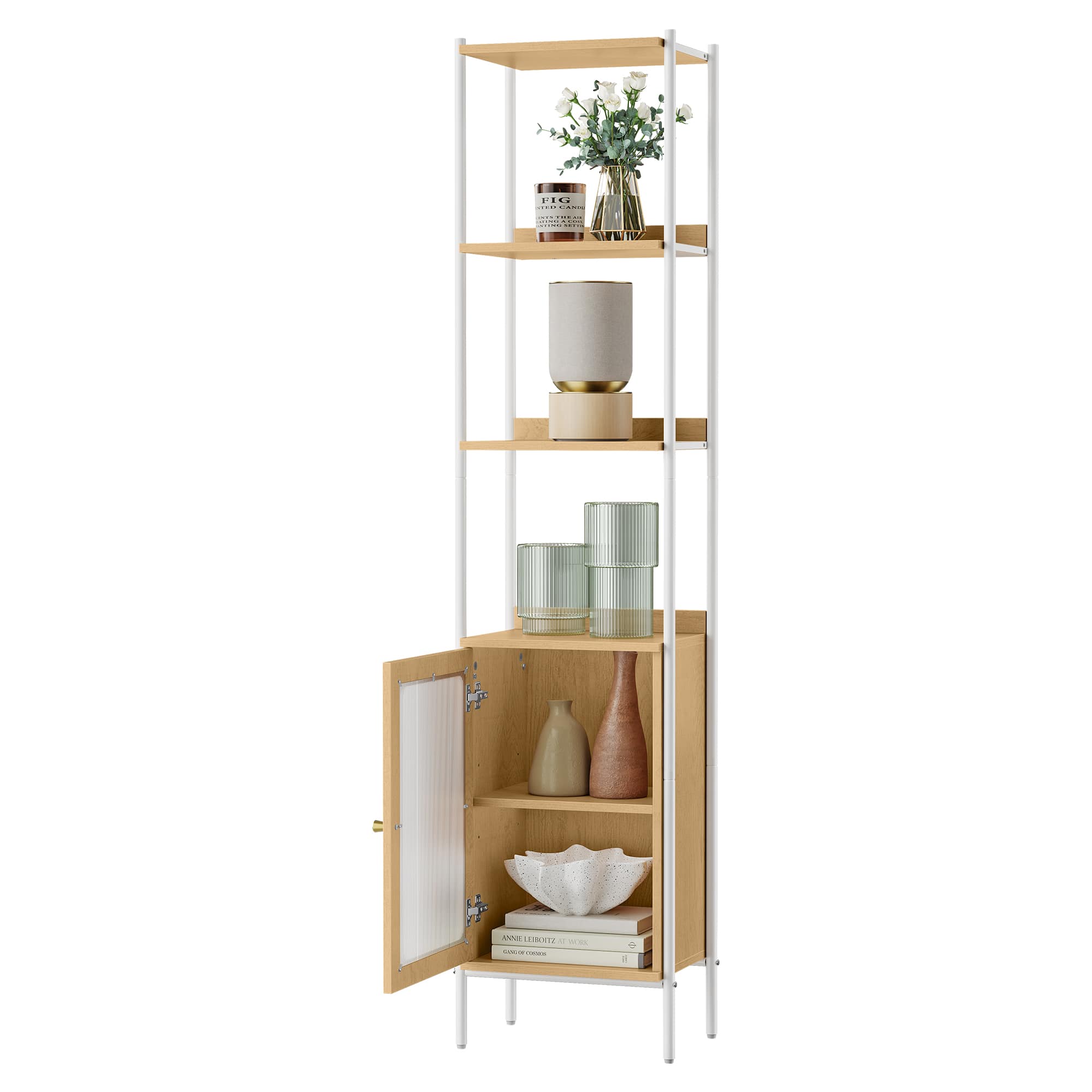 Songmics Home - 6-Tier Modern Bookcase, Bookshelf with PC Door, Adjustable Shelf, for Living Room, Yellow - Oak Beige and Pearl White