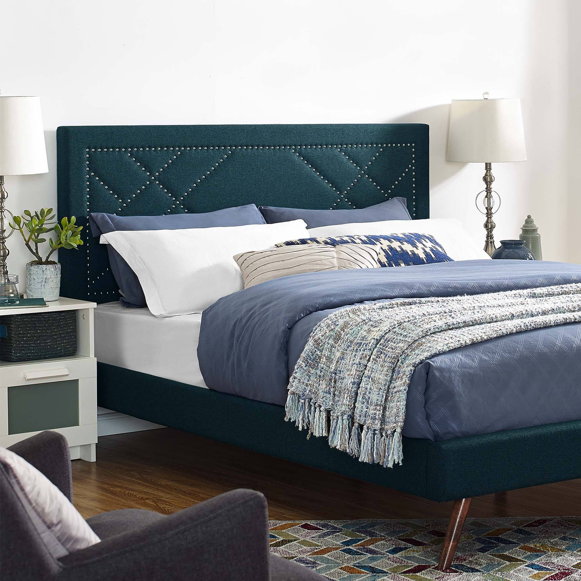 Alt View 3. Modway - Reese Nailhead Upholstered Linen Fabric Full / Queen Headboard by Modway - Azure.