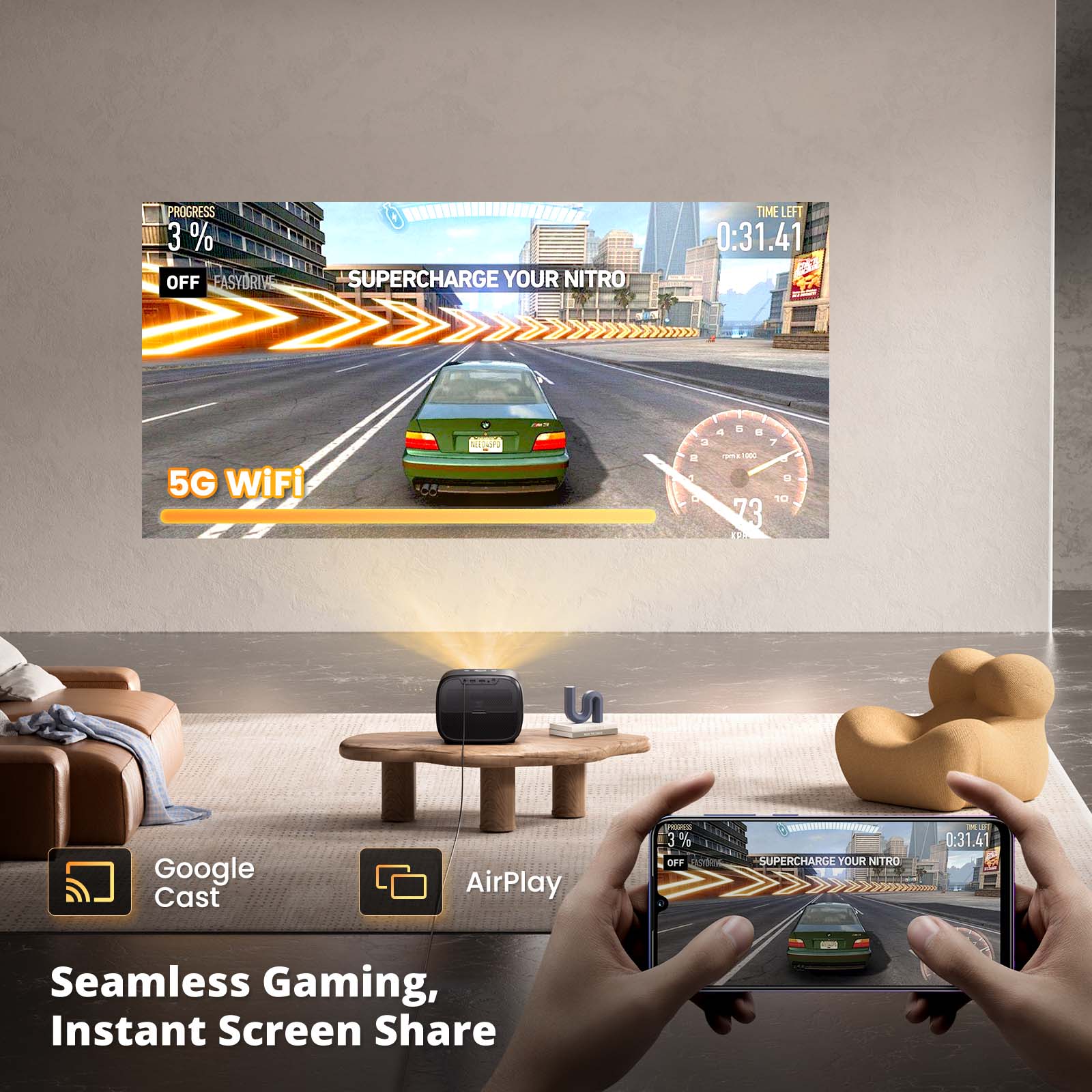 PROGRESS 3% OFF  
FASYORIVE  
SUPERCHARGE YOUR NITRO  
TIME LEFT 0:31.41  

5G WiFi  

Google Cast  
AirPlay  

Seamless Gaming, Instant Screen Share