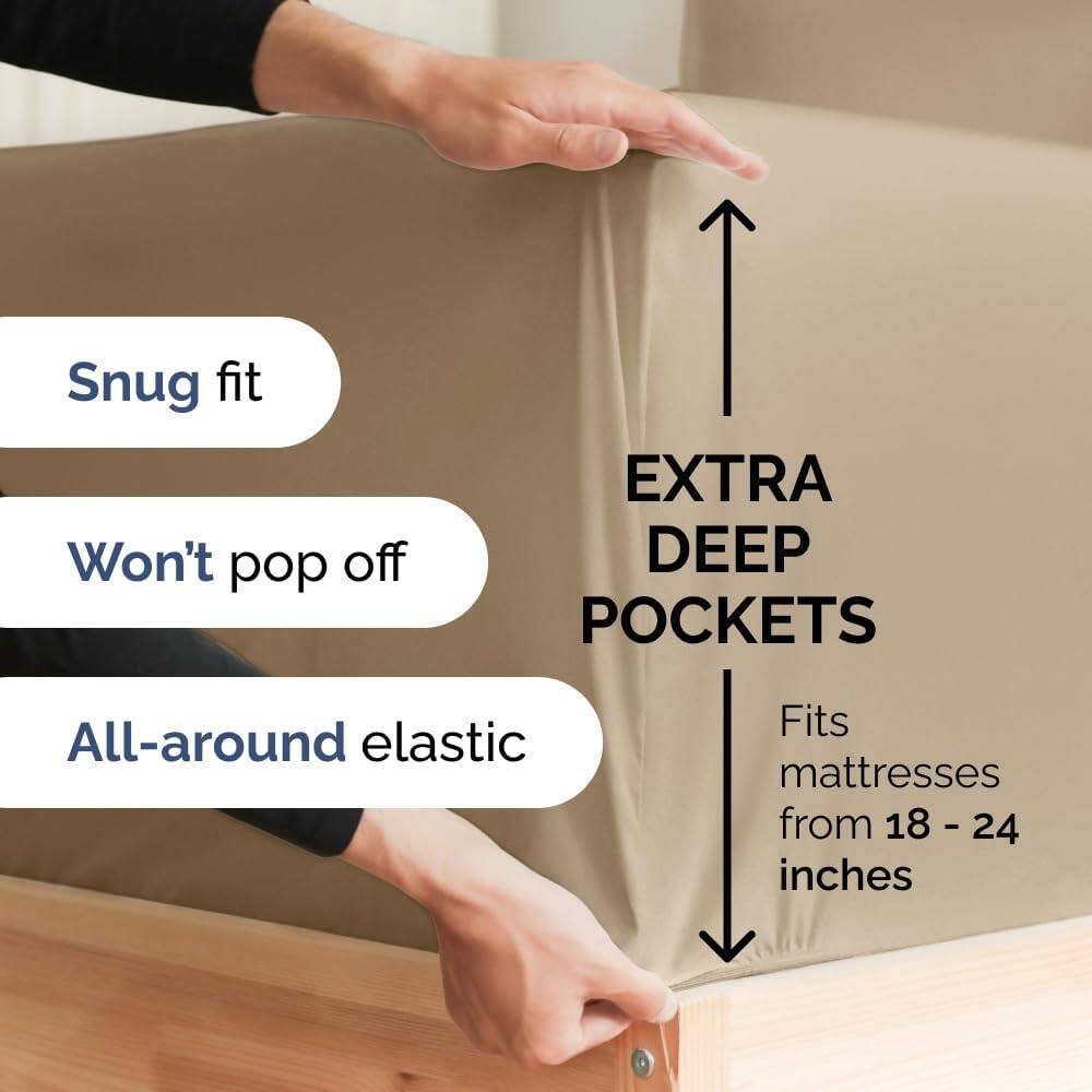 Snug fit  
Won't pop off  
EXTRA DEEP POCKETS  
All-around elastic  
Fits mattresses from 18 - 24 inches