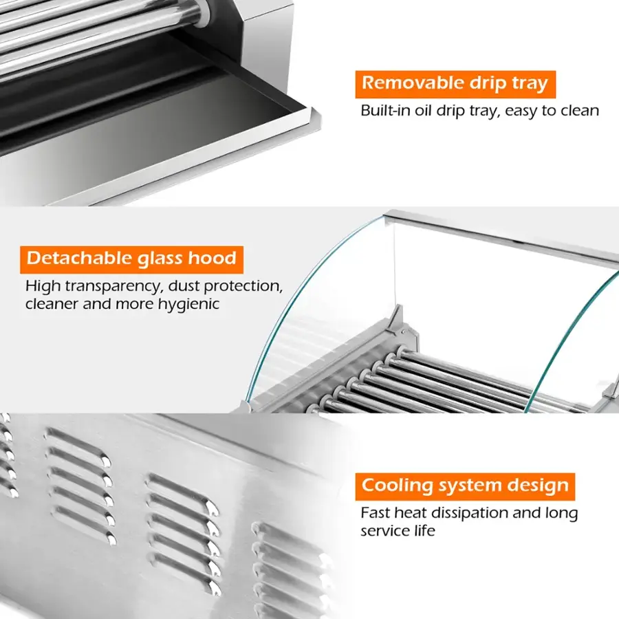 The image features a product with three descriptions, which are:

1. Removable drip tray: This feature allows for easy cleaning and maintenance of the appliance.
2. Built-in oil drip tray: This design helps contain any oil drips and makes cleaning more convenient.
3. Detachable glass hood: The glass hood can be removed for cleaning, ensuring a high level of hygiene.
4. Cooling system design: This feature ensures fast heat dissipation and a longer service life for the appliance.