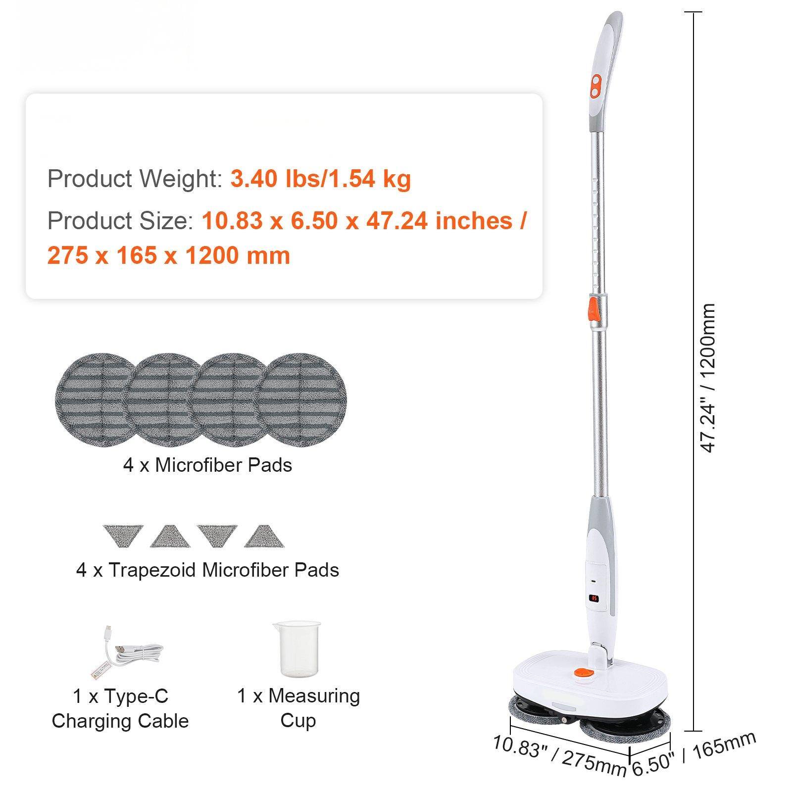 Product Weight: 3.40 lbs / 1.54 kg

Product Size: 10.83 x 6.50 x 47.24 inches / 275 x 165 x 1200 mm

4 x Microfiber Pads

4 x Trapezoid Microfiber Pads

1 x Type-C Charging Cable

1 x Measuring Cup