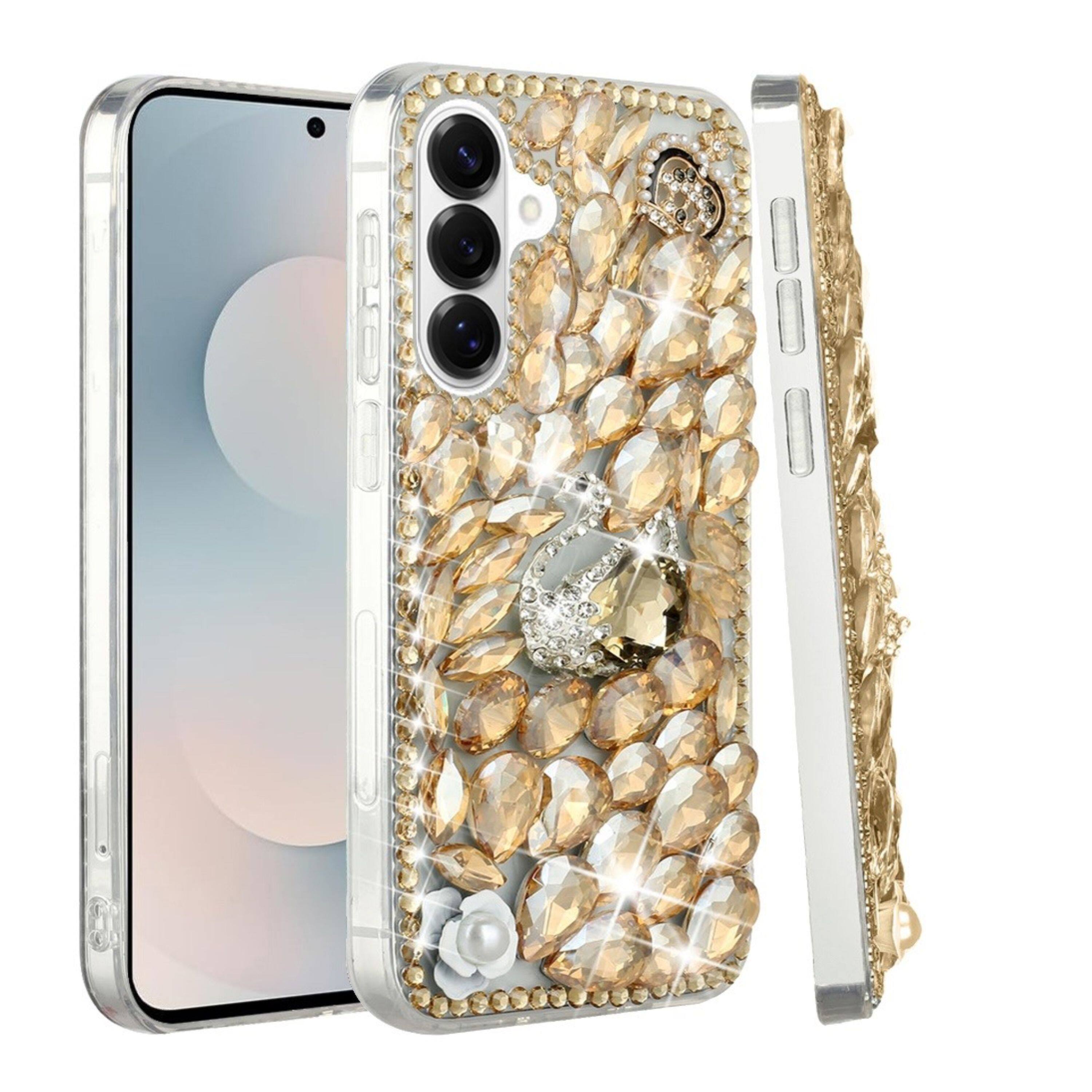 Left. Kitcheniva - Full Diamond Bling 3D Jewel Ornaments Design Phone Case With Tempered Glass For Samsung S26 Gold Swan - Gold.