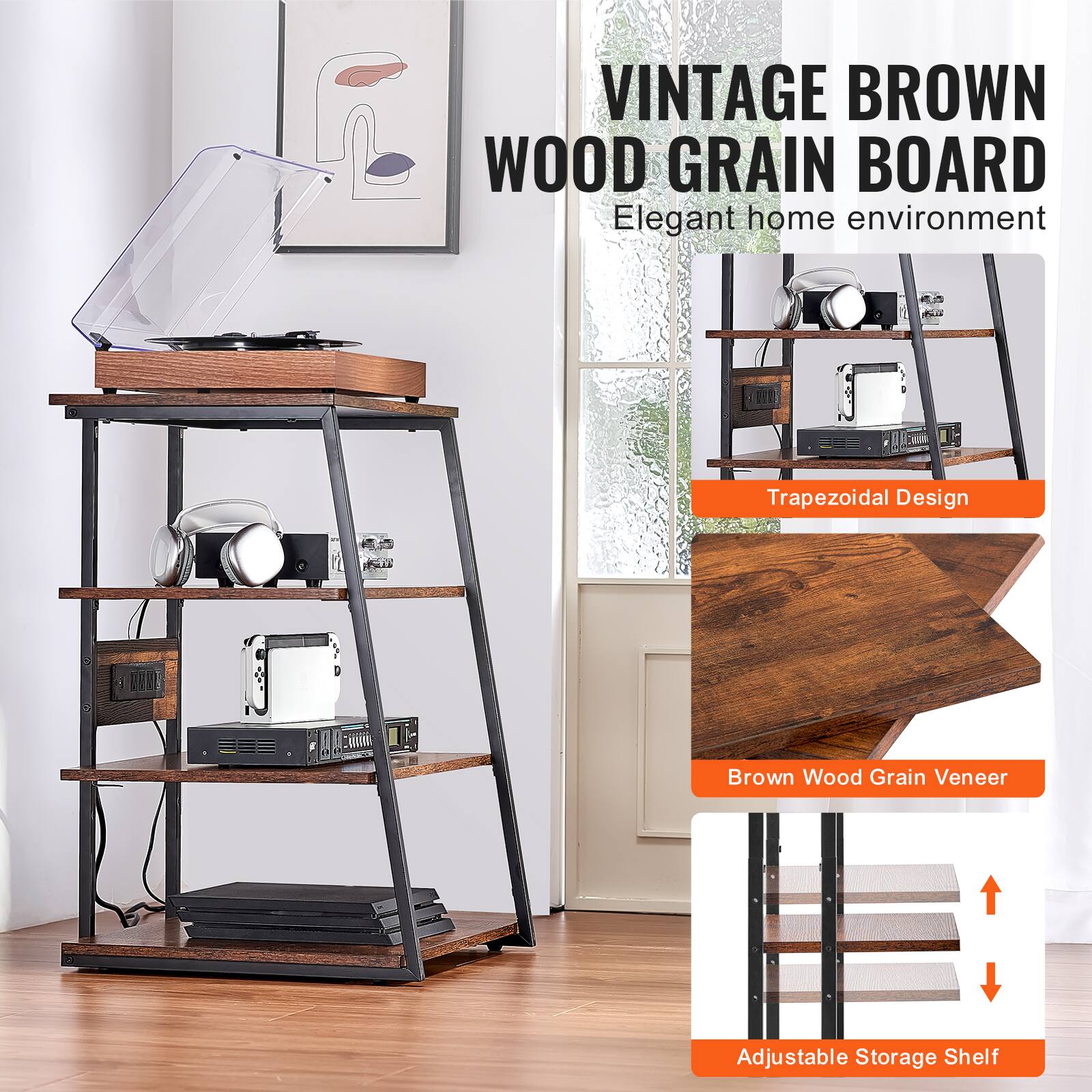 VINTAGE BROWN WOOD GRAIN BOARD  
Elegant home environment  

Trapezoidal Design  

Brown Wood Grain Veneer  

Adjustable Storage Shelf