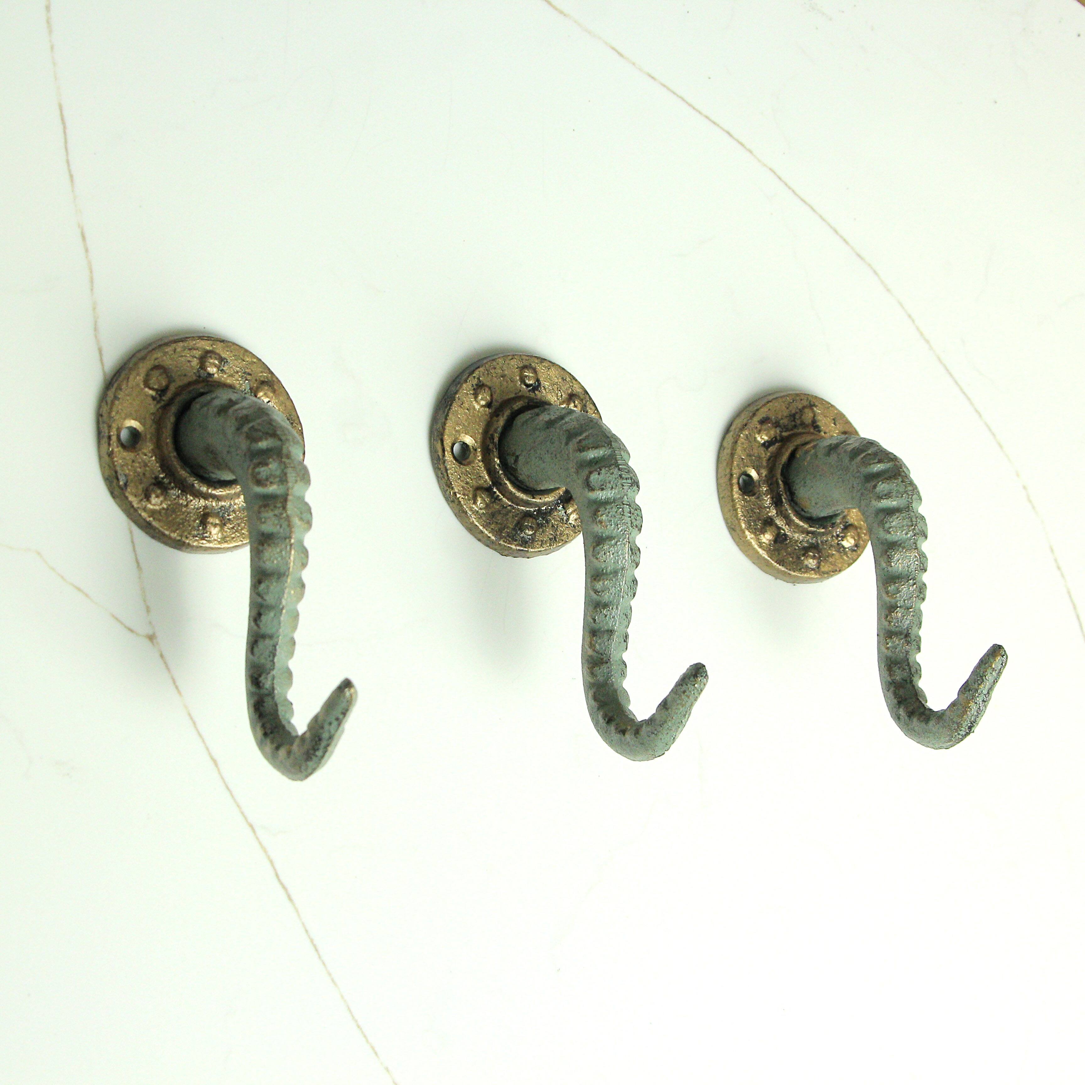 Alt View 4. Zeckos - Verdigris Bronze Cast Iron Octopus Tentacle Wall Hook Nautical Set of 3 - Green.