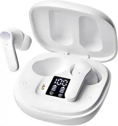 Front. SKRAN - Bluetooth Language Translator Earbuds, High Accuracy Noise Reduction, Long Battery Life, for Travel ,Business ,Learning - White.