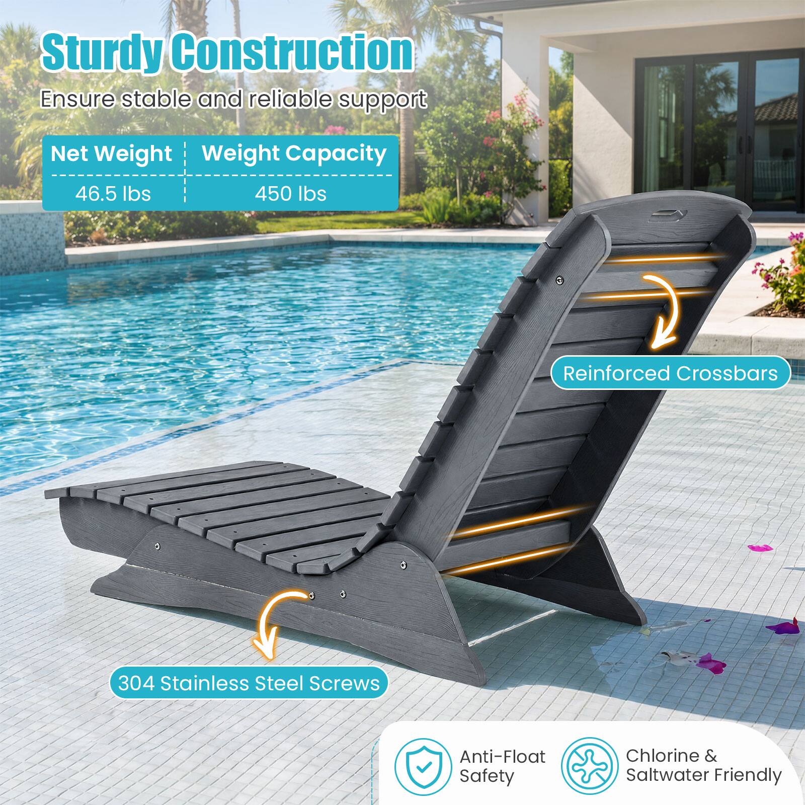 Sturdy Construction Ensure stable and reliable support

Net Weight: 46.5 lbs
Weight Capacity: 450 lbs

Reinforced Crossbars
304 Stainless Steel Screws
Anti-Float Safety
Chlorine & Saltwater Friendly