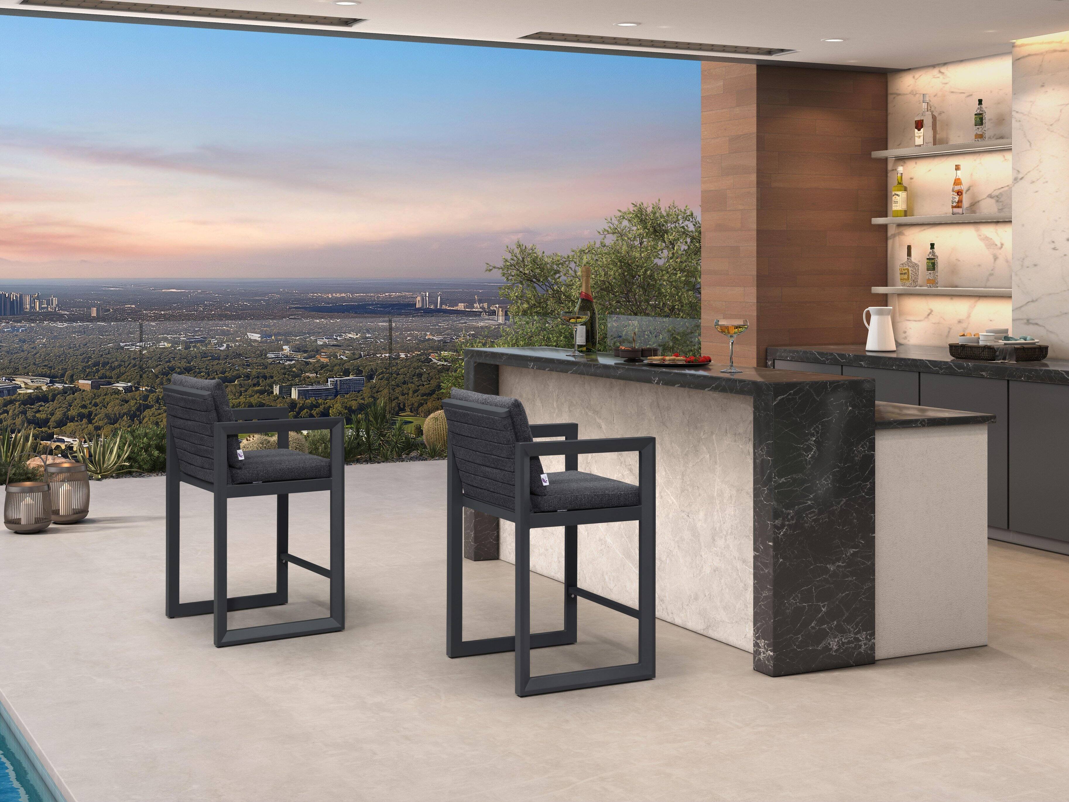 Alt View 1. PURPLE LEAF - Outdoor Caesar Bar Stools Set of 2 Modern Aluminum Barstools with Stainless Removable Cushion for Kitchen Outside Island - Dark Grey-Counter Stool.