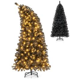 Gymax - 6 FT Artificial Halloween Tree Pre-Lit Christmas Tree w/ Bendable Top Section - Black