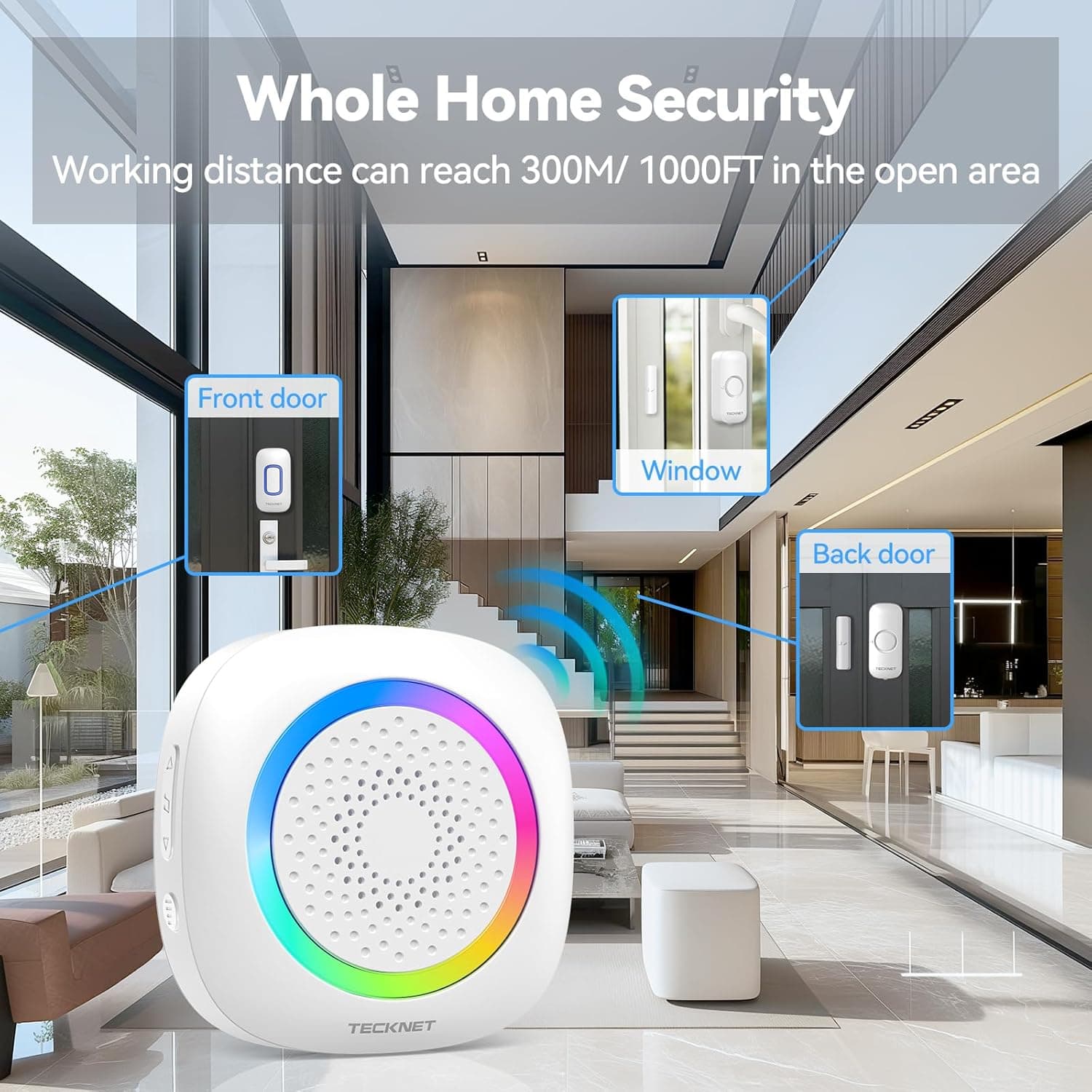 Schertz - Wireless Door Chime – 1000ft range, door sensor alarm with 61 chimes, 5 volume levels, RGB light, for business, store, h - White