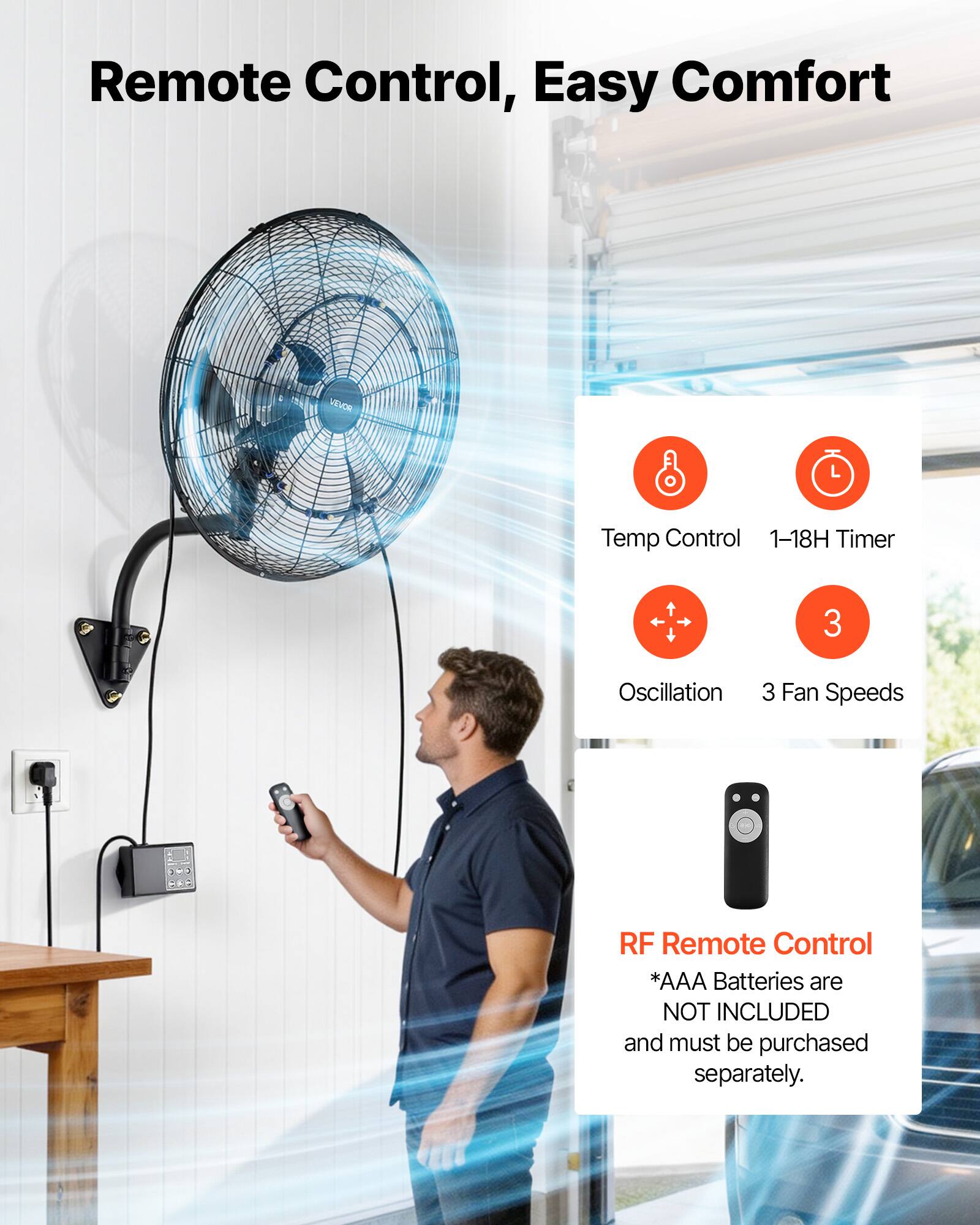 Remote Control, Easy Comfort

VEVOR Temp Control 1-18H Timer 3 Oscillation 3 Fan Speeds RF Remote Control

*AAA Batteries are NOT INCLUDED and must be purchased separately.