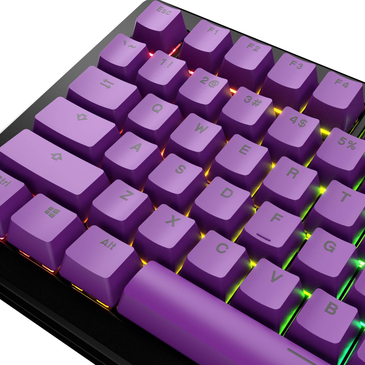 The image shows a purple keyboard with a colorful design. The keys are labeled with numbers and letters, including the numbers 1 to 9, the letters A to Z, and the symbols @, Q, W, E, R, T, Y, U, I, O, P, J, K, L, and the exclamation mark (!). The keyboard also features a number pad and a function key row with the F1 to F12 keys. The colorful design adds a unique and visually appealing touch to the keyboard.