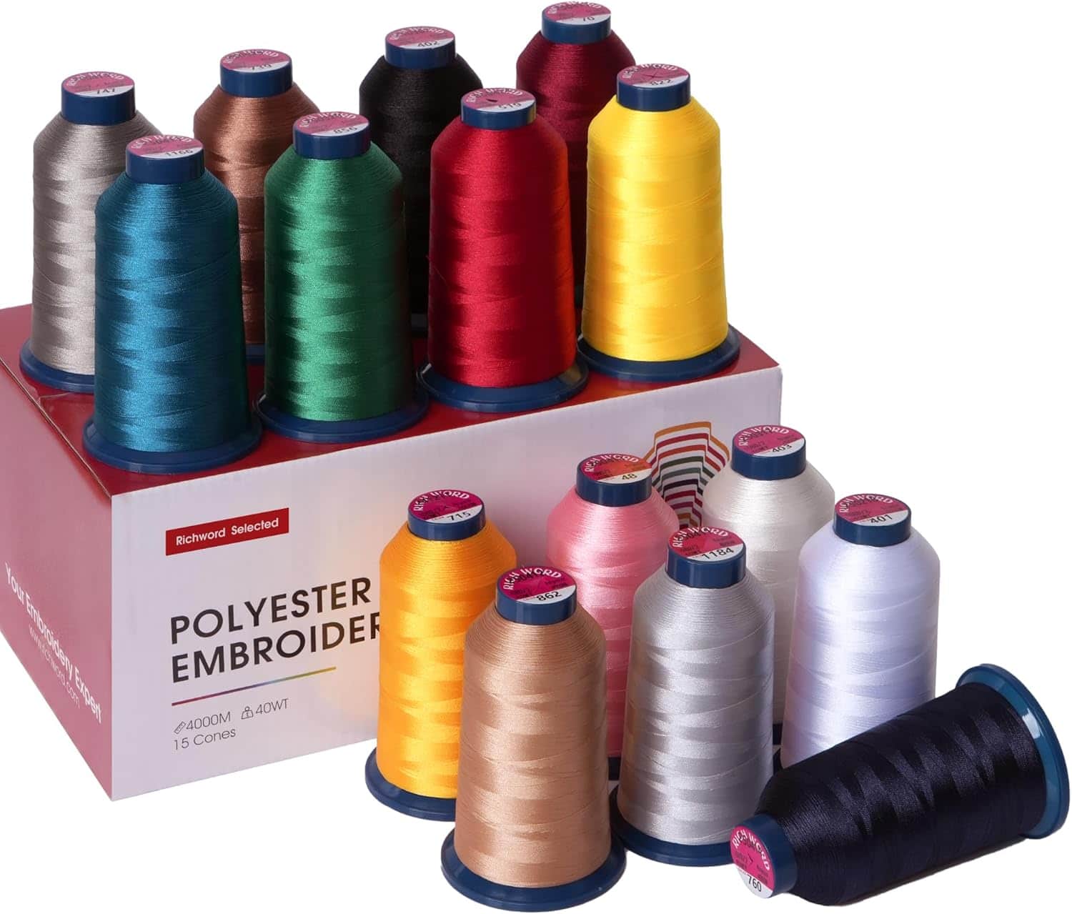 Poolin - Richword Selected Embroidery Thread 15 Colors 40WT (108D/2) Polyester Thread Kit 4000M (4374Y) for Embroidery Machine