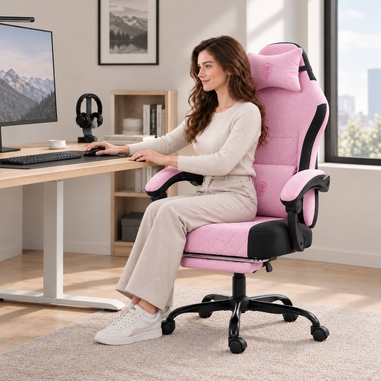 Alt View 4. Dowinx - Upgraded ergonomic gaming chair, widened & heightened, lumbar support, reclines, footrest—must-have for work & leisure. - Pink.