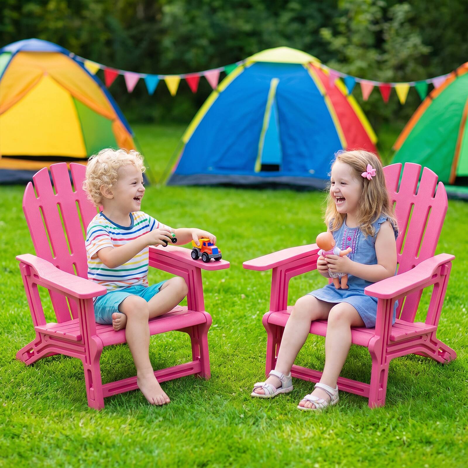 Alt View 3. Costway - Costway 2PCS Adirondack Chair in HDPE with Ergonomic Design, Suitable for Porch, Deck - Pink.