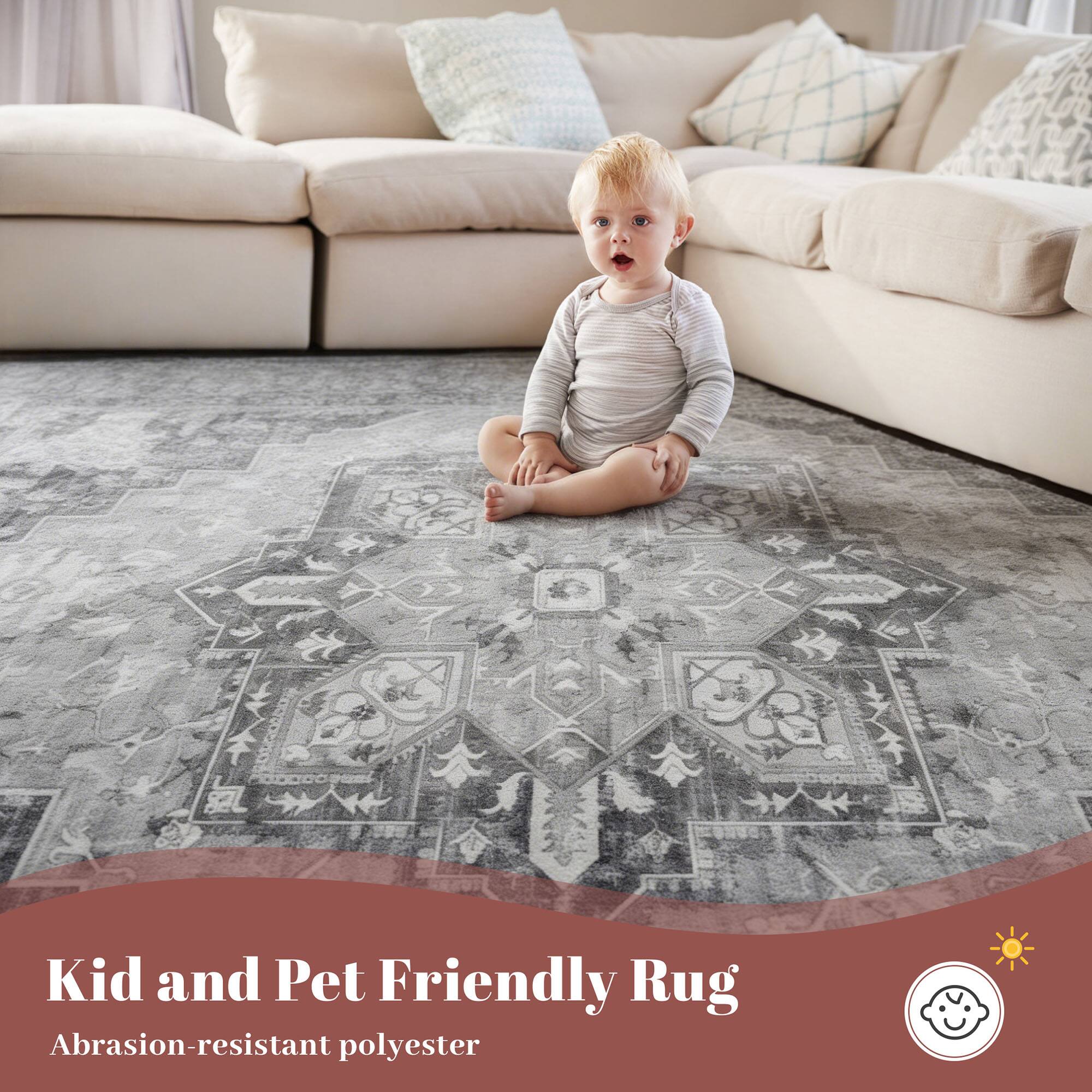 Kid and Pet Friendly Rug  
Abrasion-resistant polyester