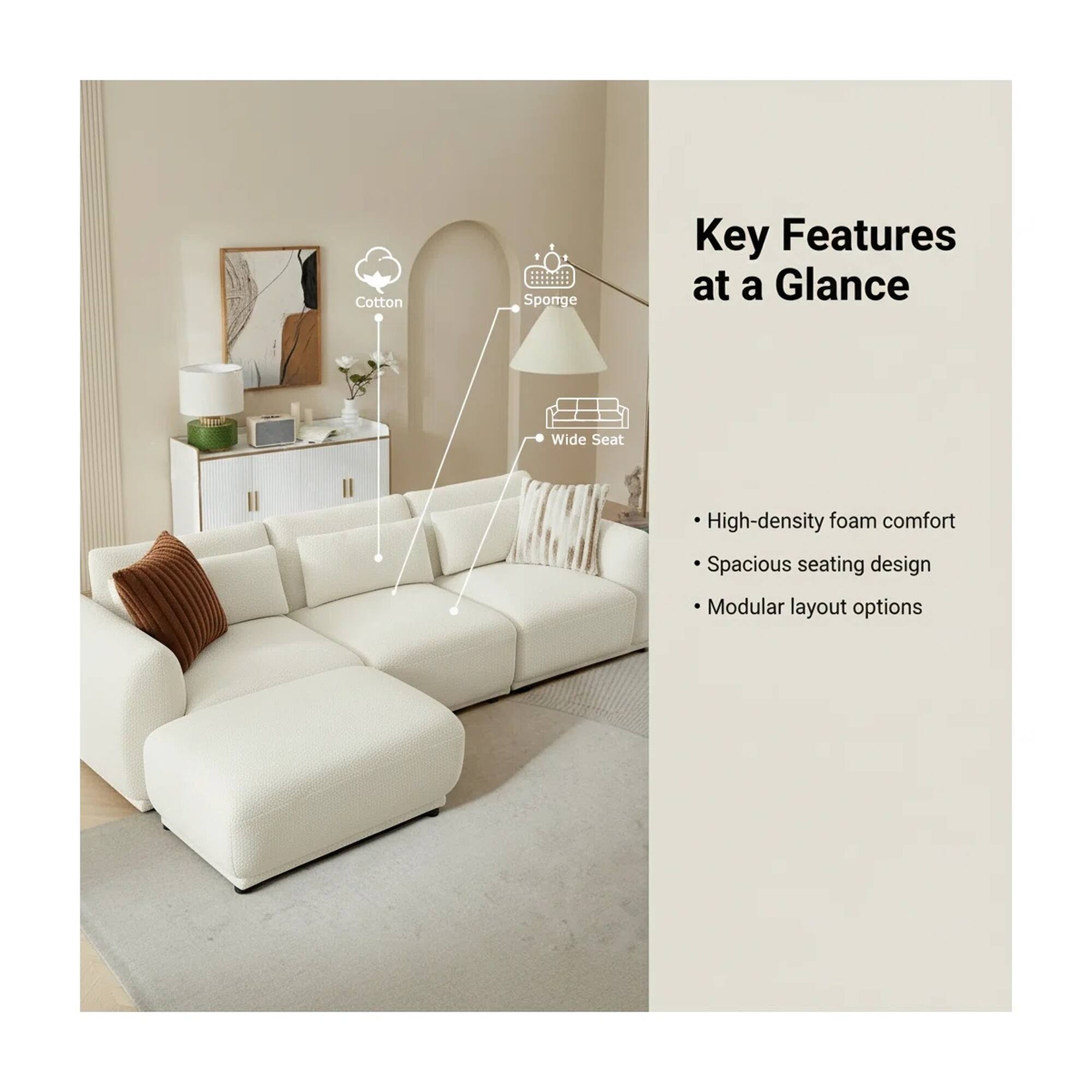 Key Features at a Glance

- High-density foam comfort
- Spacious seating design
- Modular layout options