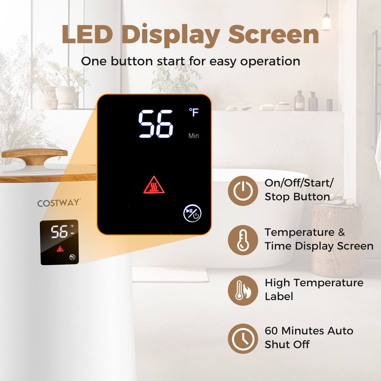 LED Display Screen  
One button start for easy operation  

- 56°F  
- Min  

- On/Off/Start/Stop Button  
- Temperature & Time Display Screen  
- High Temperature Label  
- 60 Minutes Auto Shut Off
