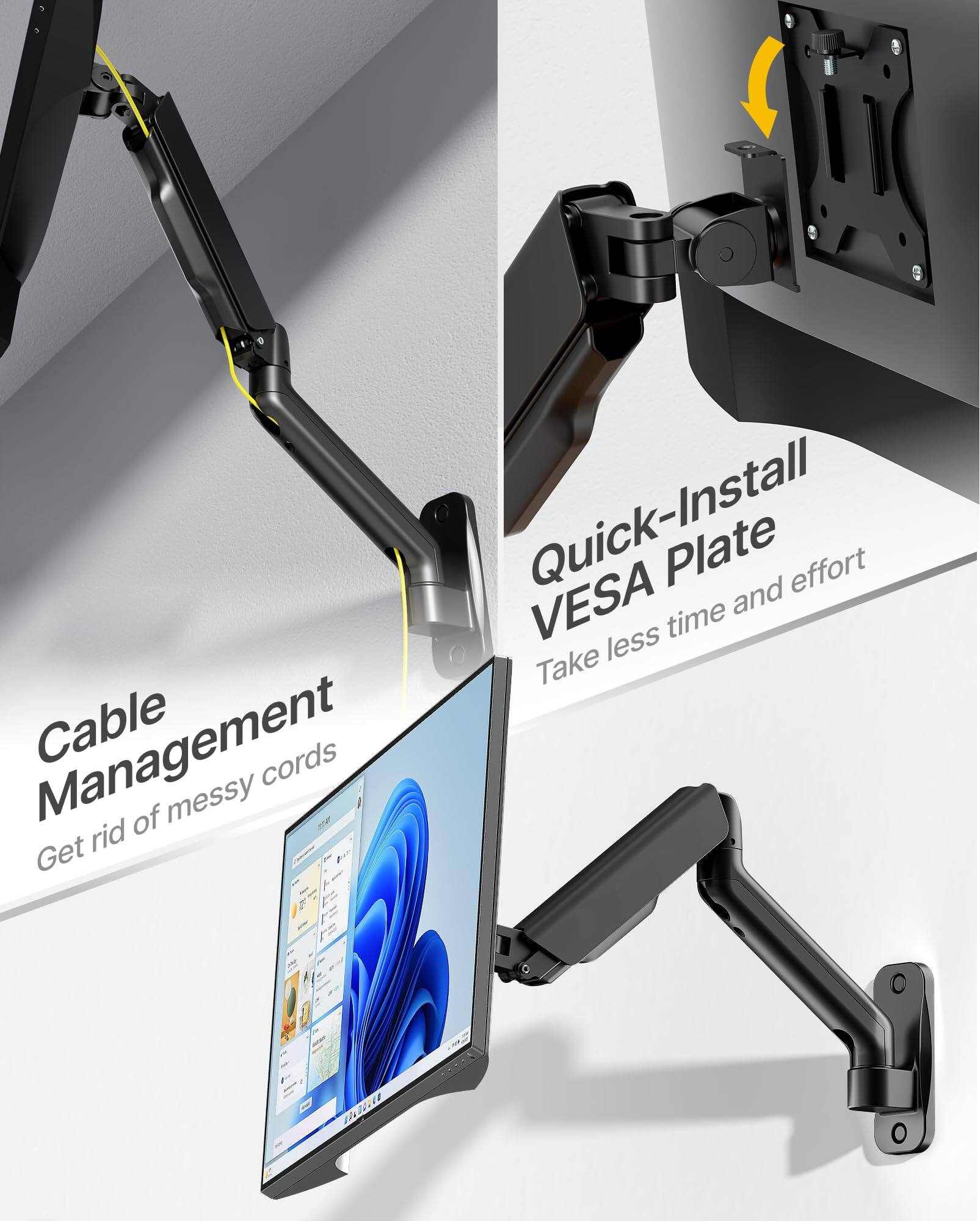 Quick-Install VESA Plate  
Take less time and effort  

Cable Management  
Get rid of messy cords