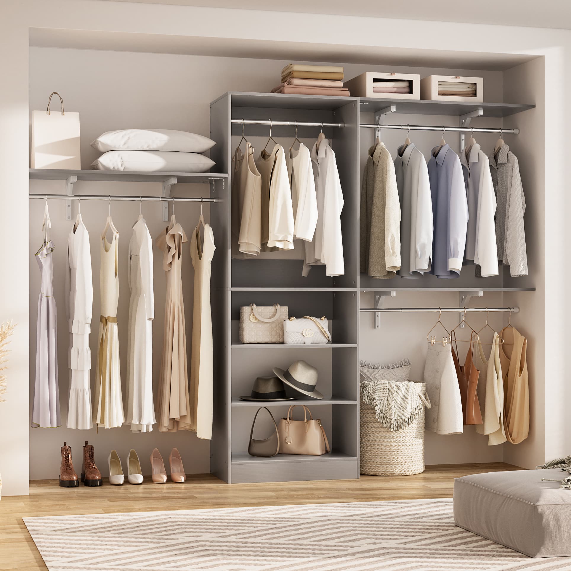 Aheaplus - 8FT Wall Mounted Closet System, 96'' Closet Organizer with 3 Shelving Towers, 3 Hanging Rods and Shelves, Cut to Fit - Gray