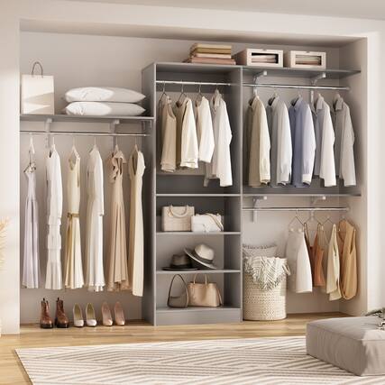 Front. Aheaplus - 8FT Wall Mounted Closet System, 96'' Closet Organizer with 3 Shelving Towers, 3 Hanging Rods and Shelves, Cut to Fit - Gray.