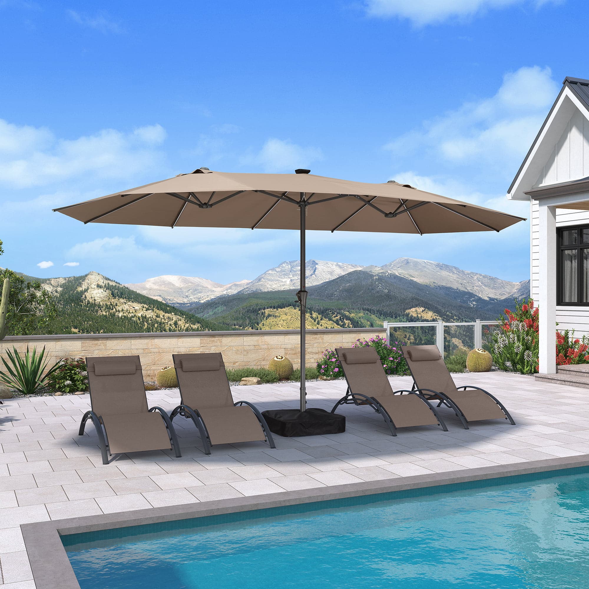 Alt View 1. PURPLE LEAF - 15 ft. Patio Market Umbrella with Solar LED and Base Double-Sided Outdoor Table Sun Umbrellas for Pool Deck Backyard - Taupe.