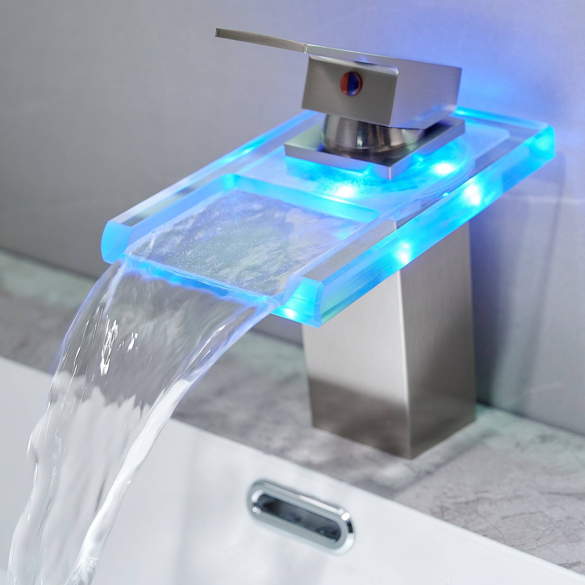 Angle. Boyel Living - Single Handle Single Hole Bathroom Faucet Brushed Nickel with LED Temperature Sensor and Supply Hoses Easy Install - Brushed Nickel.