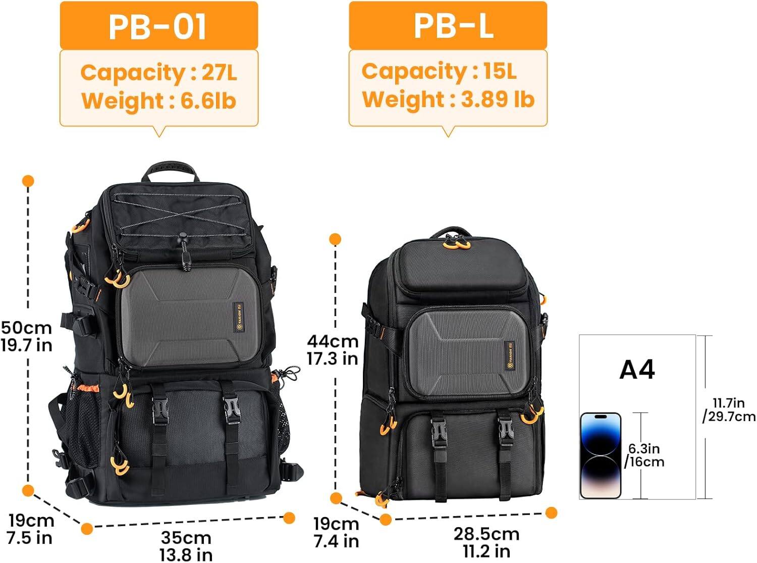 PB-01  
Capacity: 27L  
Weight: 6.6lb  
Dimensions:  
- Height: 50cm (19.7 in)  
- Width: 35cm (13.8 in)  
- Depth: 19cm (7.5 in)  

PB-L  
Capacity: 15L  
Weight: 3.89lb  
Dimensions:  
- Height: 44cm (17.3 in)  
- Width: 28.5cm (11.2 in)  
- Depth: 19cm (7.4 in)  

A4 Size:  
- Width: 11.7in (29.7cm)  
- Height: 6.3in (16cm)