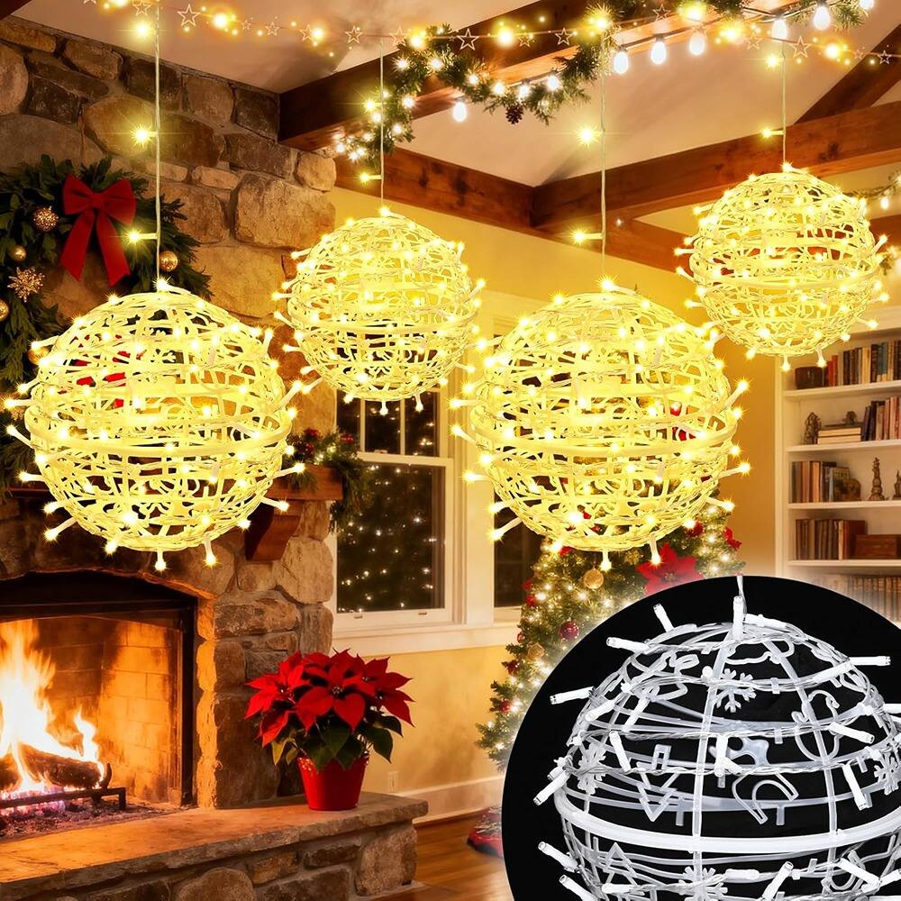 Front. RTMB - 4-Pack Warm White Christmas Ball Lights, Hanging Globe Decor w/ 8 Modes.