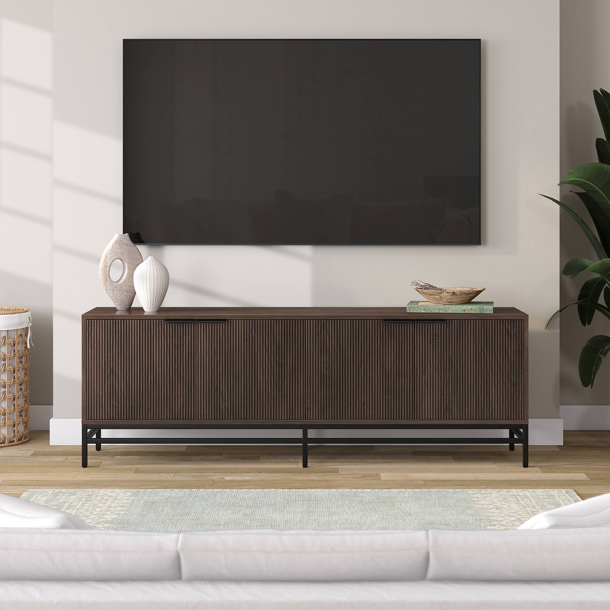 Alt View 2. Hudson&Canal - Montello Rectangular Fluted TV Stand for TV's up to 78" in Alder Brown - Alder Brown.