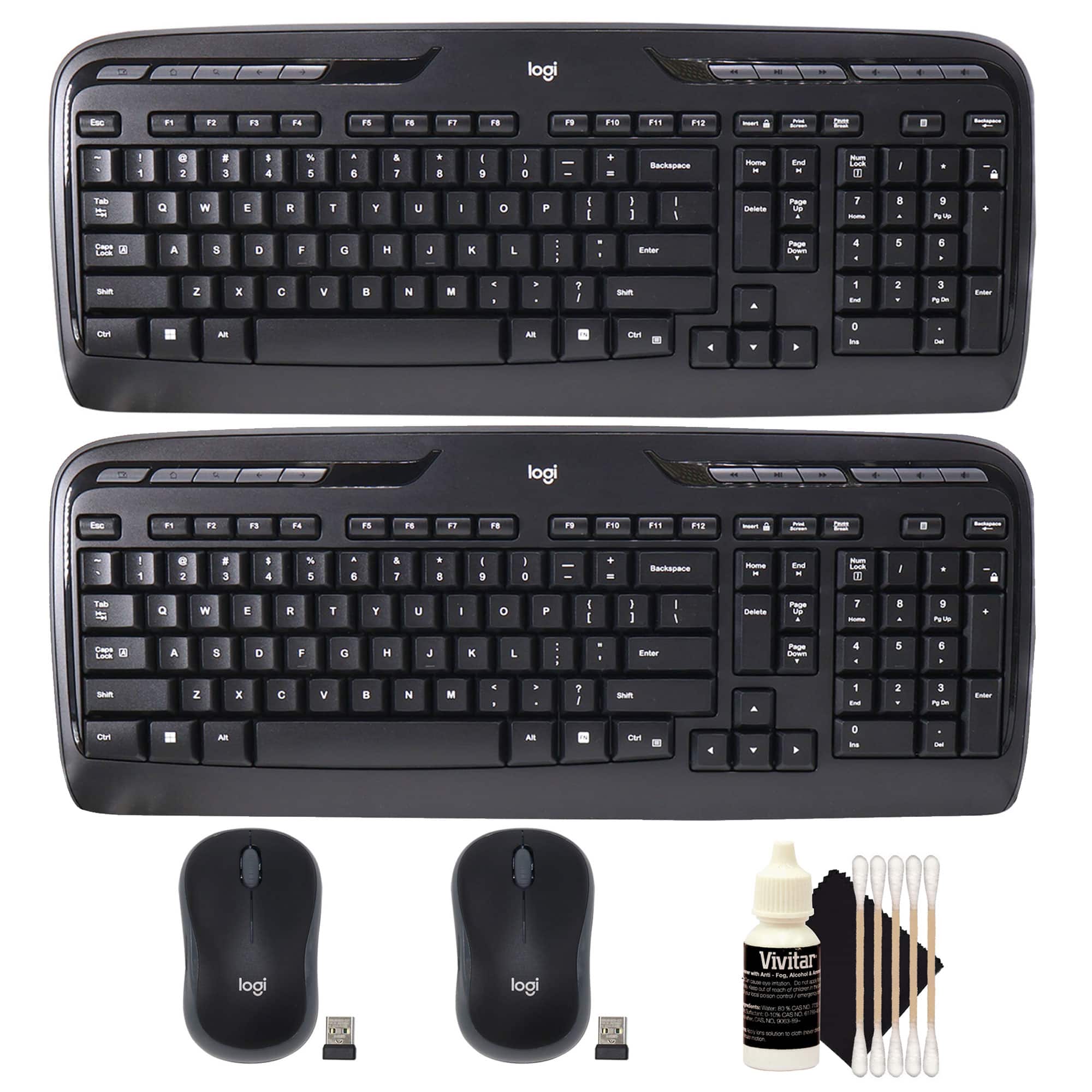 2x Logitech MK320 Full-size Wireless Membrane Keyboard and Mouse Bundle for PC with 3pc Cleaning Kit - Black