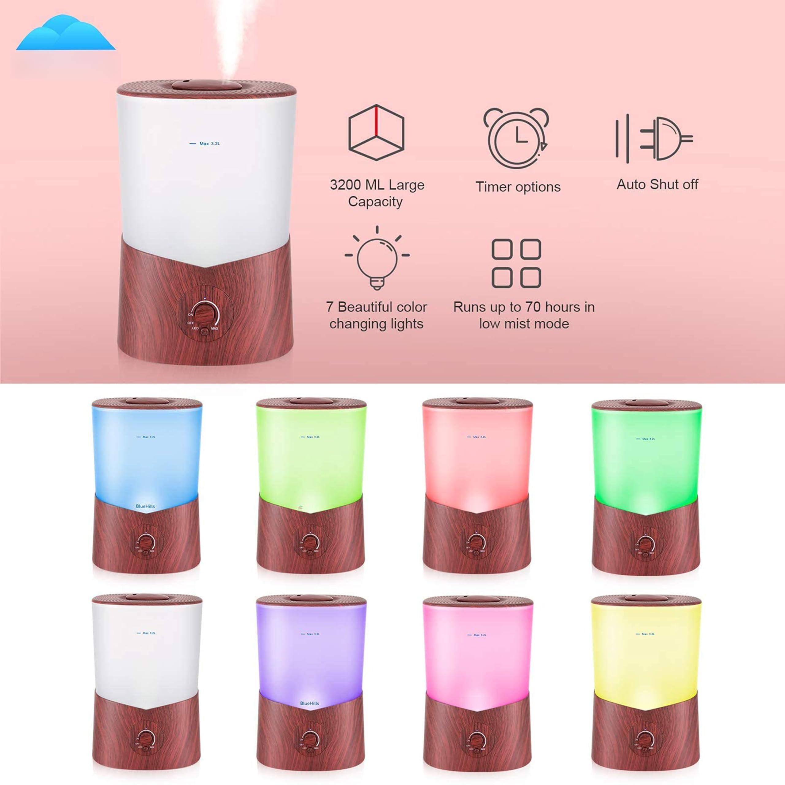 - 3200 ML Large Capacity
- Timer options
- Auto Shut off
- 7 Beautiful color changing lights
- Runs up to 70 hours in low mist mode