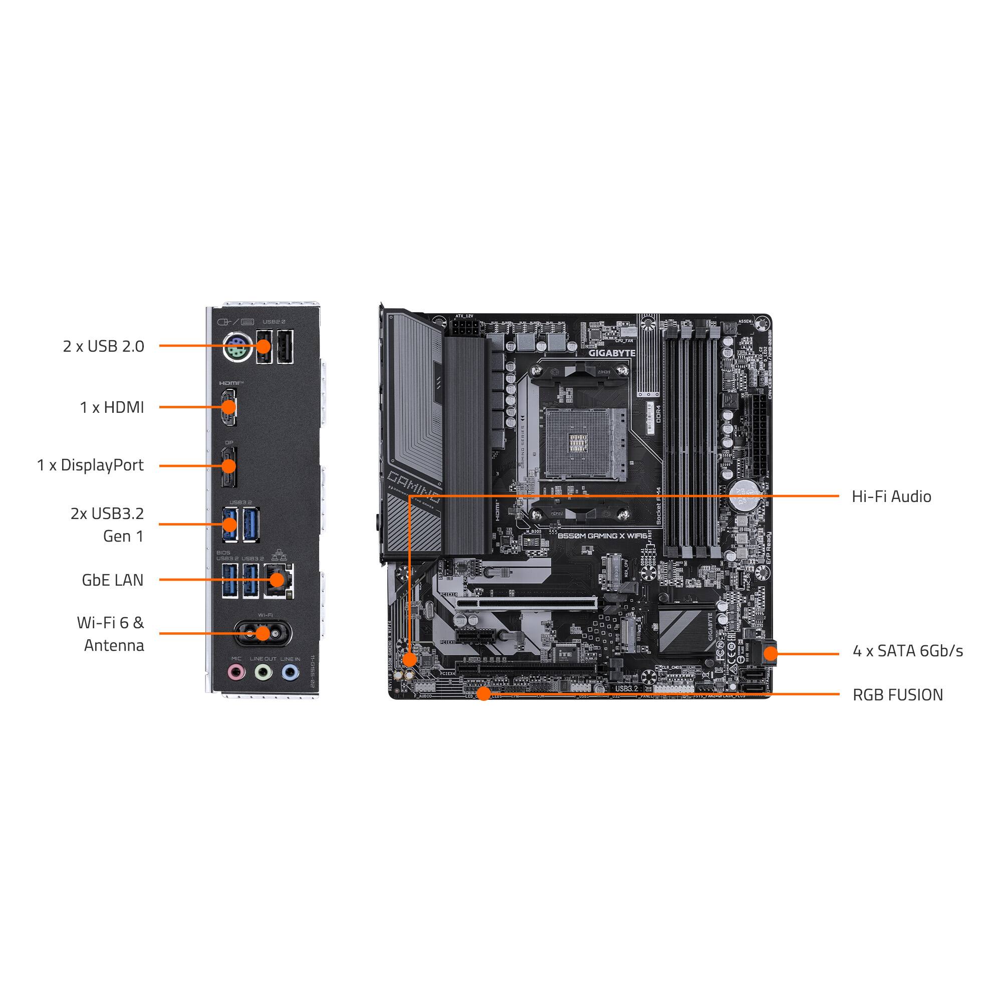 2 x USB 2.0, 1 x HDMI, 1 x DisplayPort, 2x USB3.2 Gen 1, GbE LAN, Wi-Fi 6 & Antenna, Hi-Fi Audio, 4 x SATA 6Gb/s, RGB FUSION