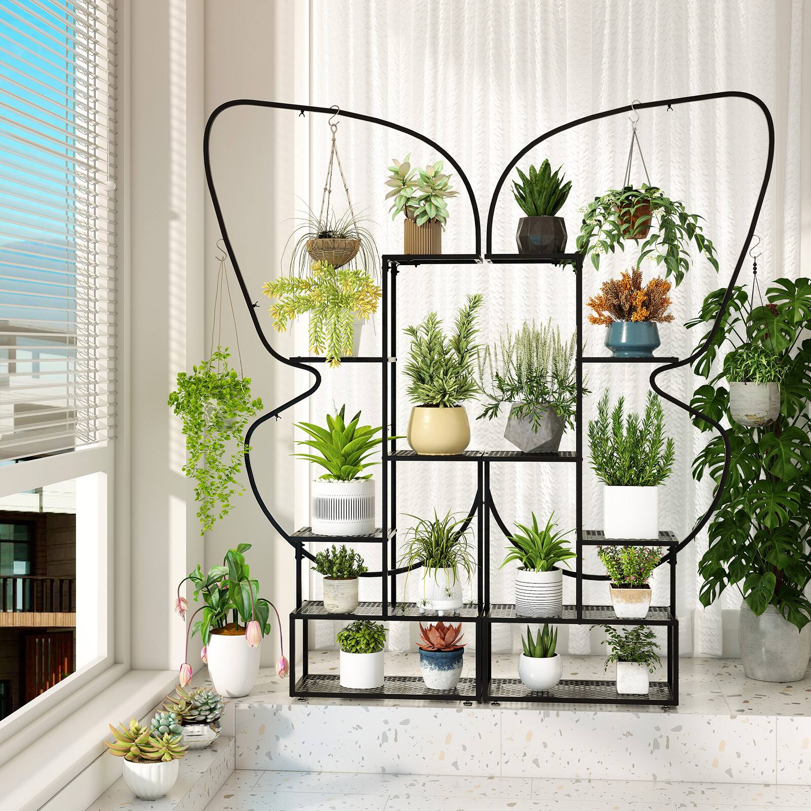 Alt View 4. Gymax - Gymax 2 Pack 6-Tier Metal Plant Stand 73'' Tall Butterfly Shaped Flowerpot Holder Shelf - Black.