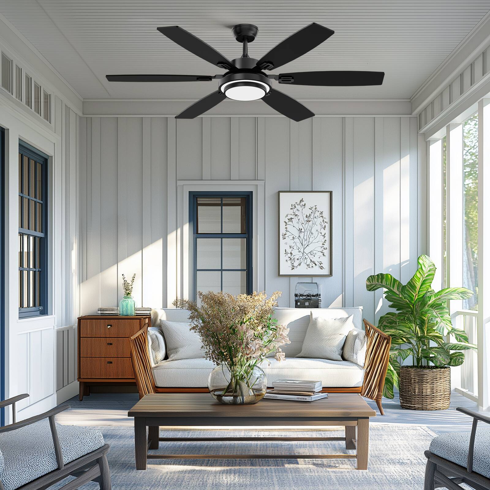 Left. Siljoy - 60-in Black Ceiling Fan with black or oak Color Blades Ceiling Fan With Light-Remote Included - Black.