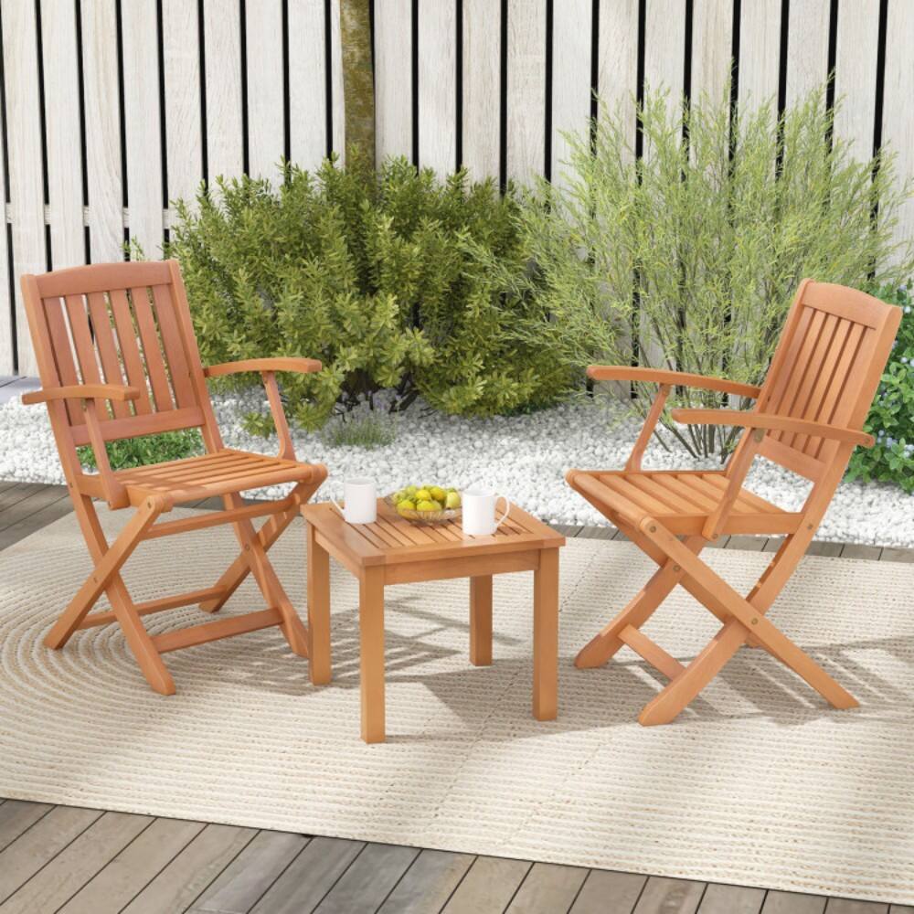 Left. Mondawe - 3 PCS Eucalyptus Wood Patio Bistro Set with 2 Folding Arm Chairs - Natural.