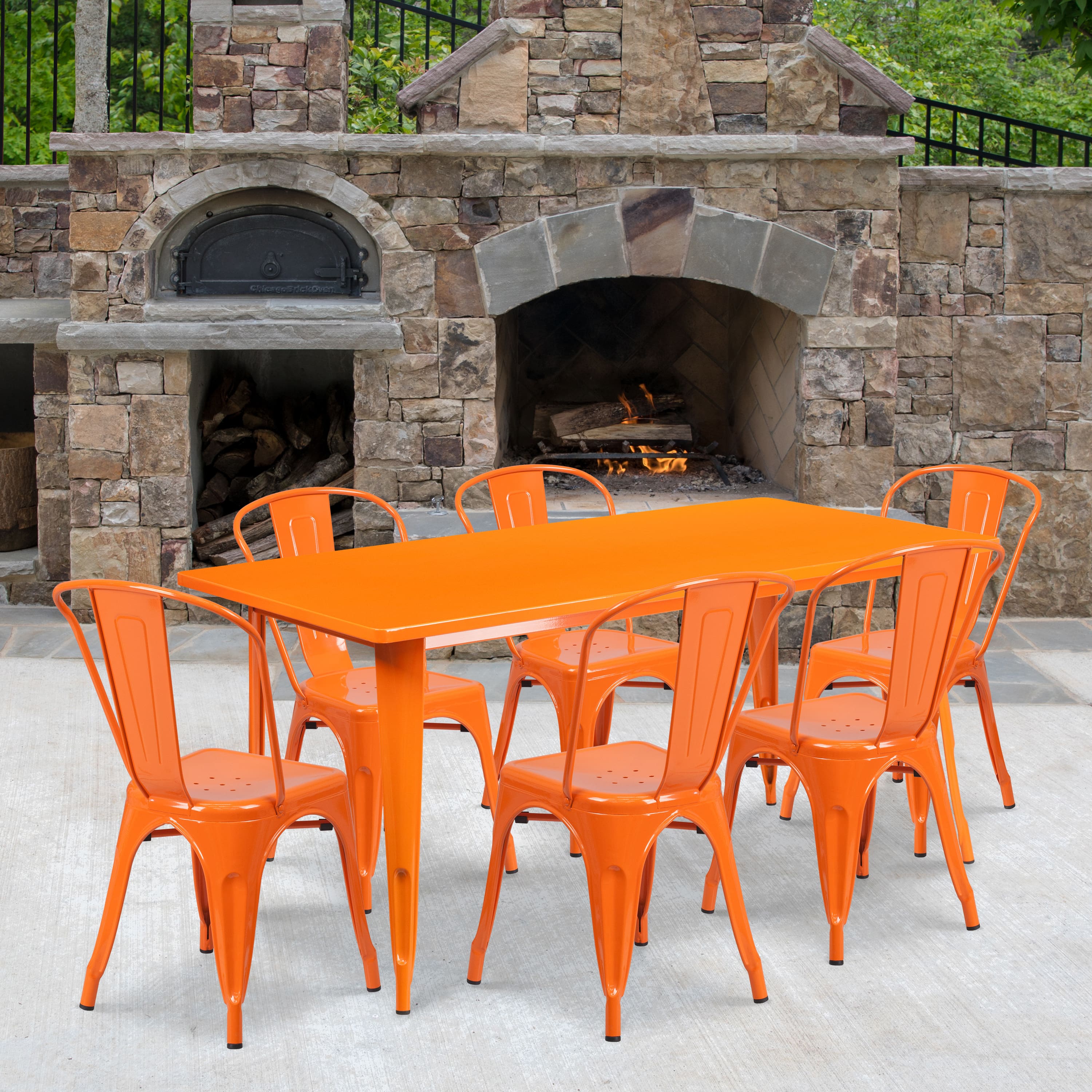 Emma + Oliver - Commercial Grade Rectangular Metal Indoor-Outdoor Table Set with 6 Stack Chairs - Orange