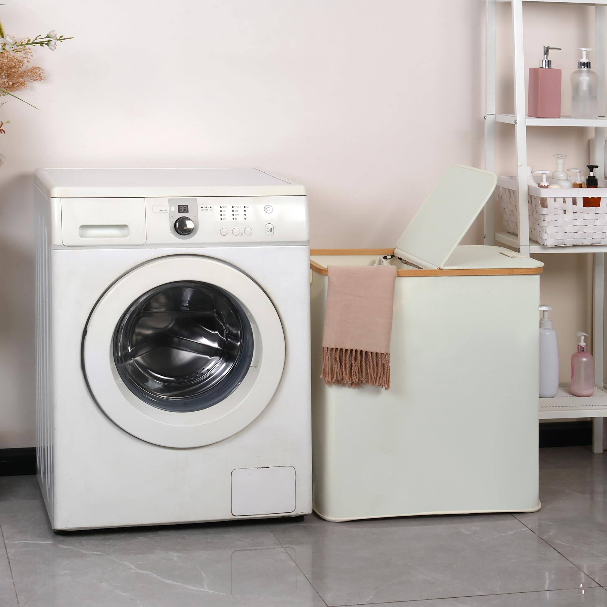 Back. JETRANSPORT - Laundry Hamper With Lid Double 2 Removable Bags 2 Section Basket Handles For Bathroom Bedroom & Room 140l - Beige 140L Dual.