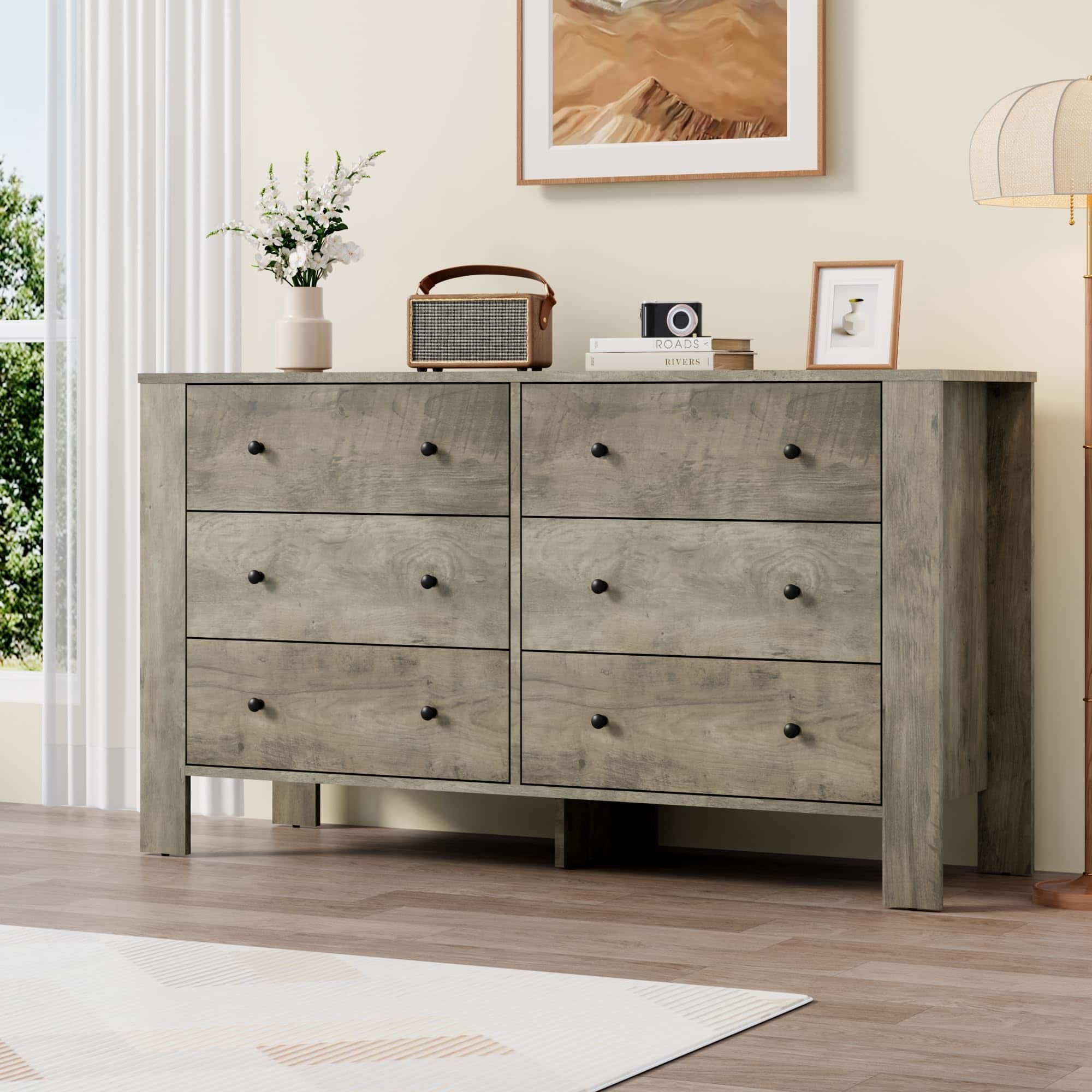 Acekool - 6 Drawer Dresser for Bedroom, Modern Wide Dresser Organizer with Storage Drawers, Wooden Chests of Drawers - Gray