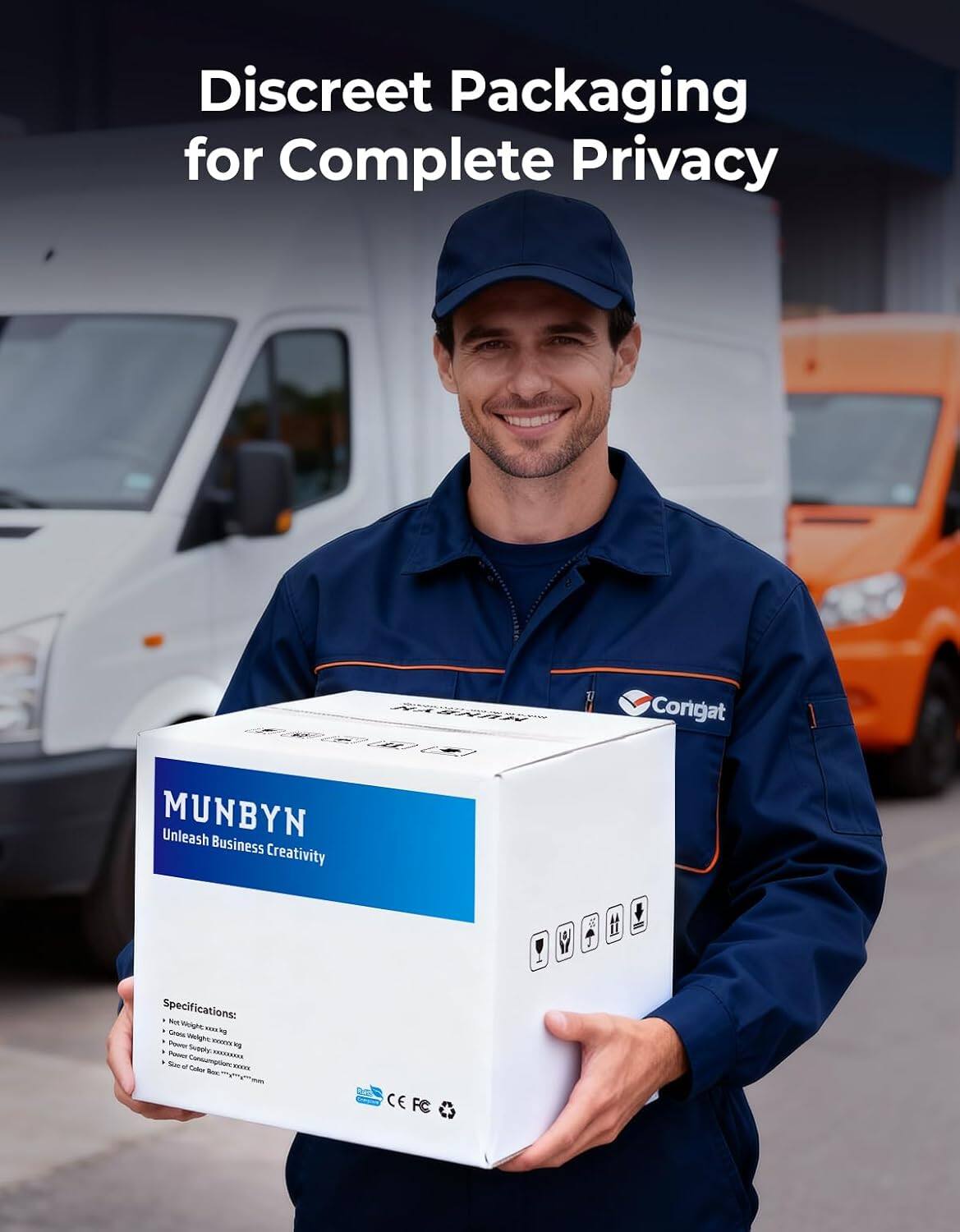 Discreet Packaging for Complete Privacy

Corigat MUNBYN
Unleash Business Creativity

Specifications:
- Net Weight: 1.5 kg
- Gross Weight: 2.0 kg
- Power Supply: 100-240V
- Power Consumption: 100W
- Size of Box: 300x200x150 mm

CE FC
