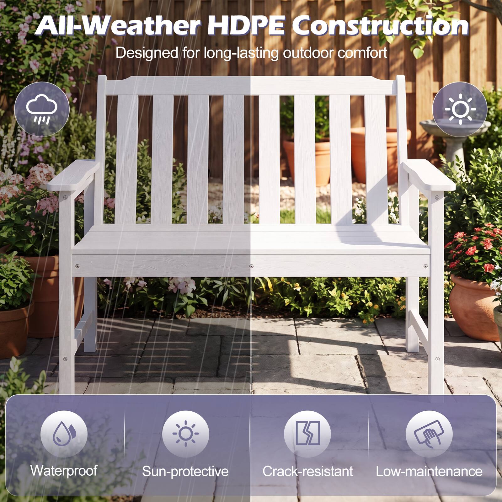 All-Weather HDPE Construction  
Designed for long-lasting outdoor comfort  

- Waterproof  
- Sun-protective  
- Crack-resistant  
- Low-maintenance