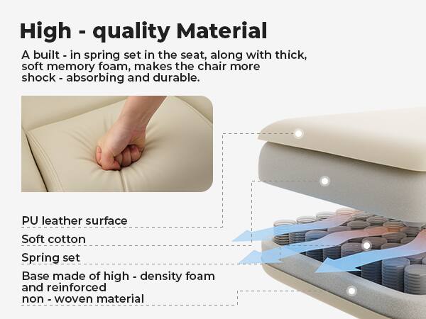 High-quality Material

A built-in spring set in the seat, along with thick, soft memory foam, makes the chair more shock-absorbing and durable.

- PU leather surface
- Soft cotton
- Spring set
- Base made of high-density foam and reinforced non-woven material