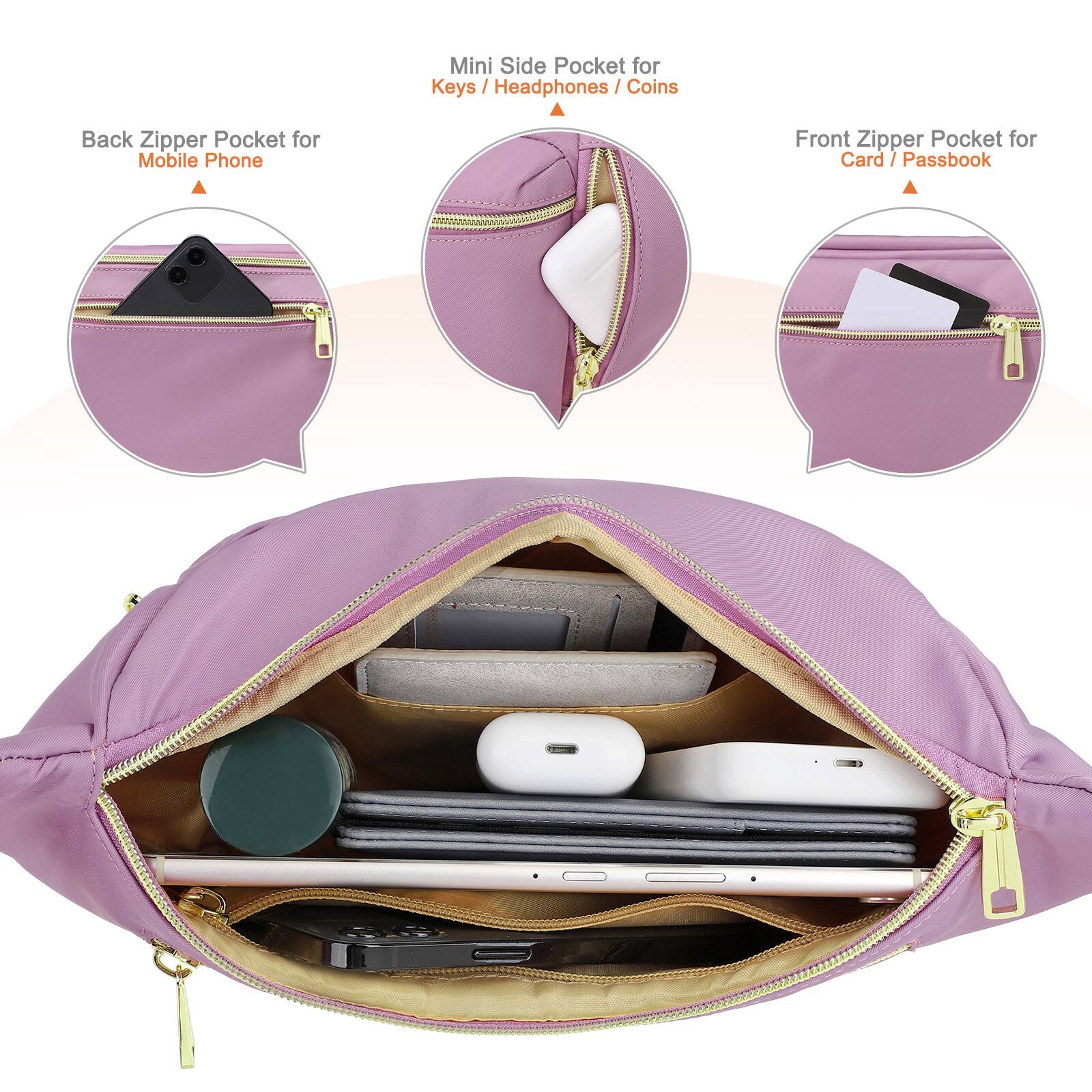 - Mini Side Pocket for Keys / Headphones / Coins
- Back Zipper Pocket for Mobile Phone
- Front Zipper Pocket for Card / Passbook