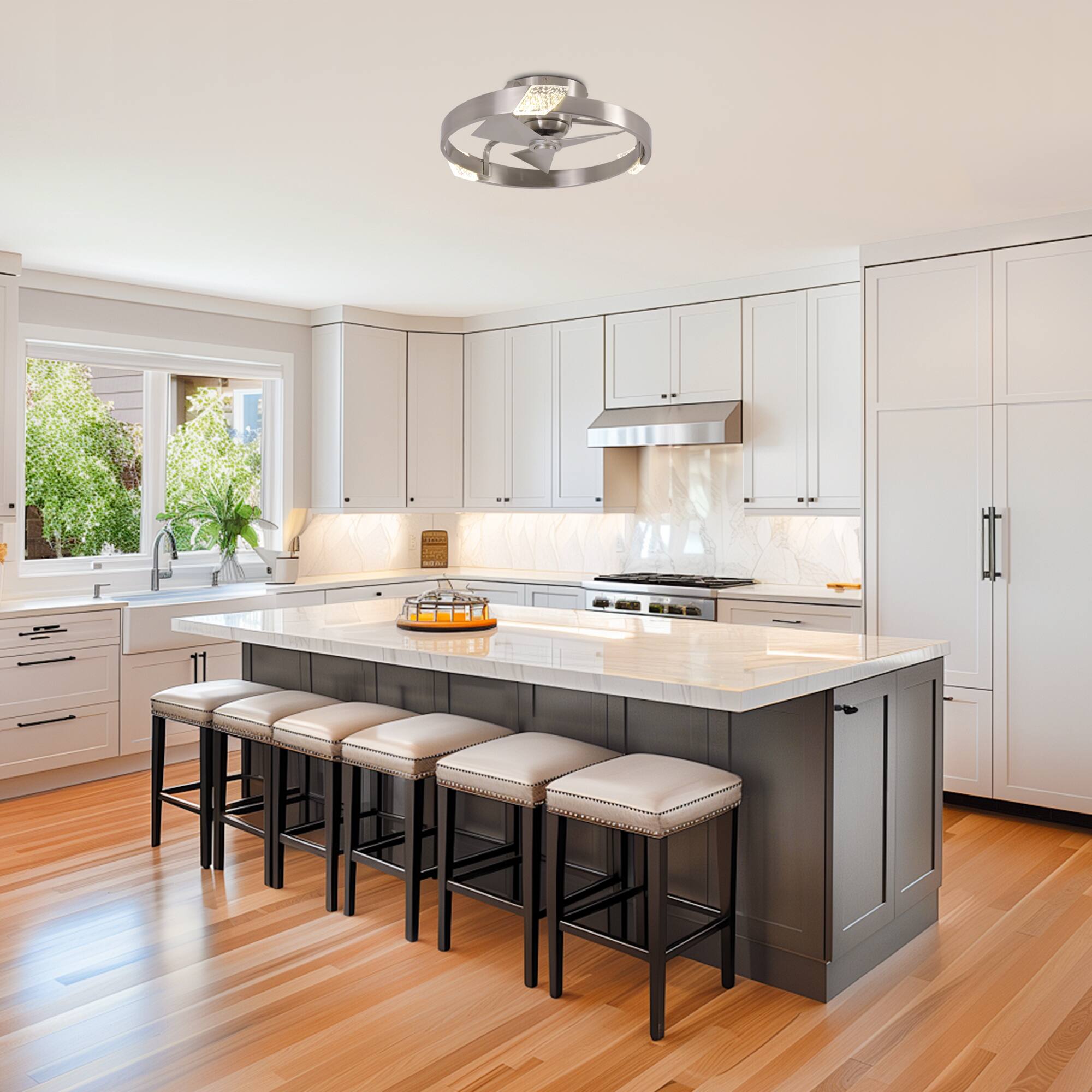 Left. Parrot Uncle - 20" Modern Sand Nickel Dimmable LED Low Profile Small Ceiling Fan with Remote and Light - Nickel.