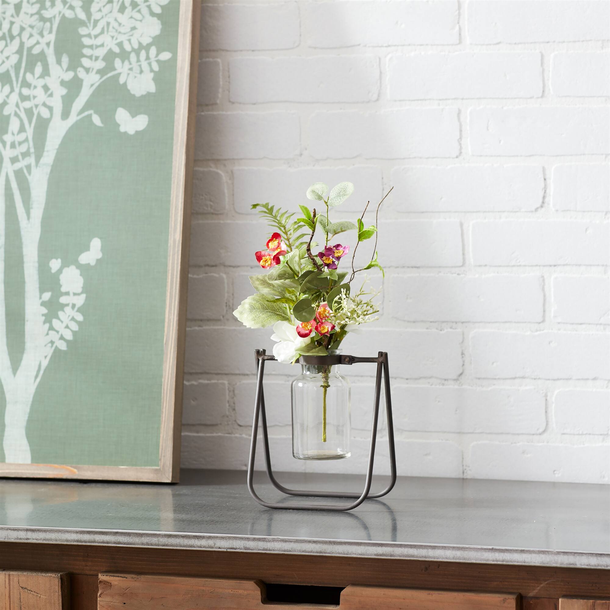 Back. BreeBe - Hanging Glass Jar Vase with Metal Stand (Set of 2) - Brown, Clear.