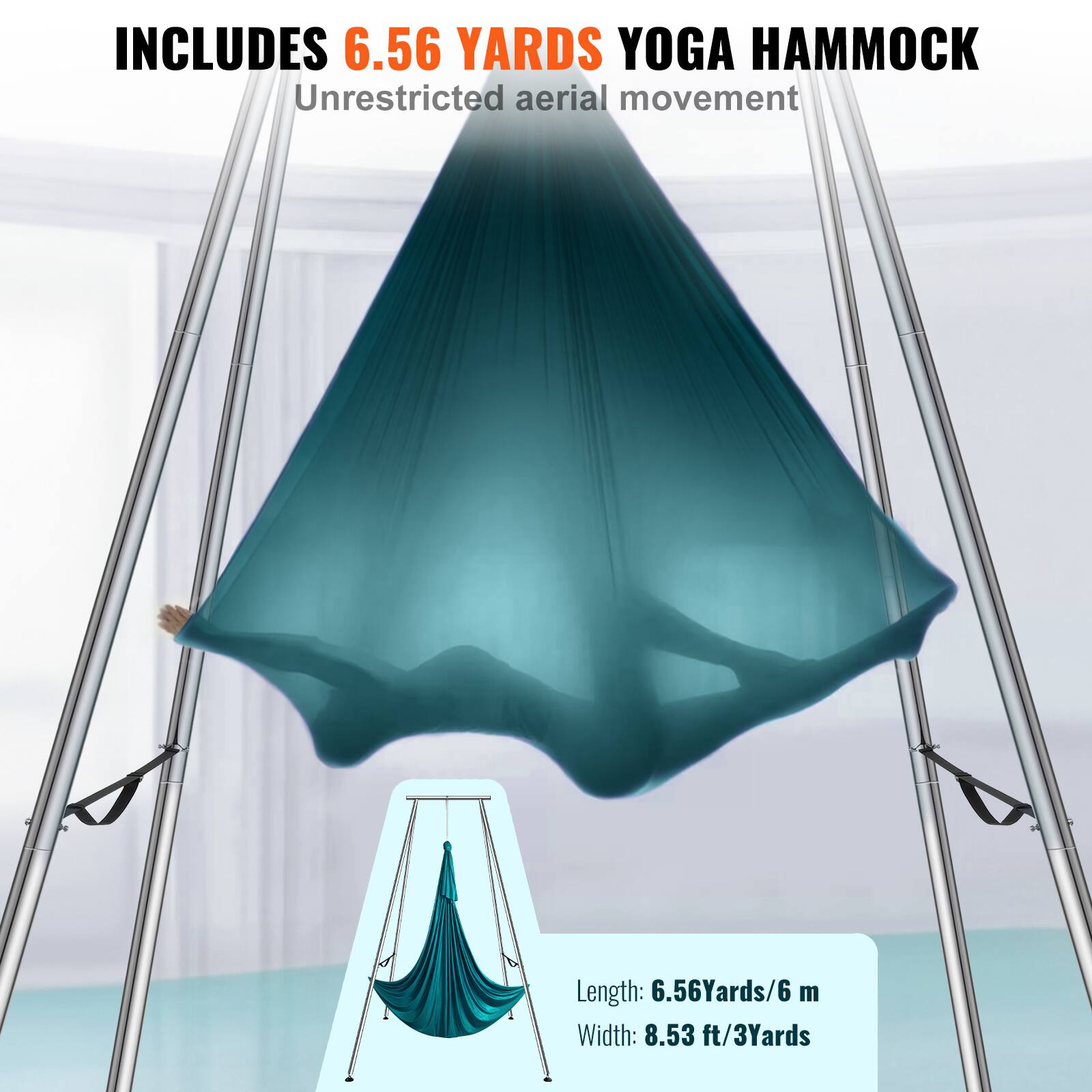 INCLUDES 6.56 YARDS YOGA HAMMOCK  
Unrestricted aerial movement  

Length: 6.56 Yards/6 m  
Width: 8.53 ft/3 Yards