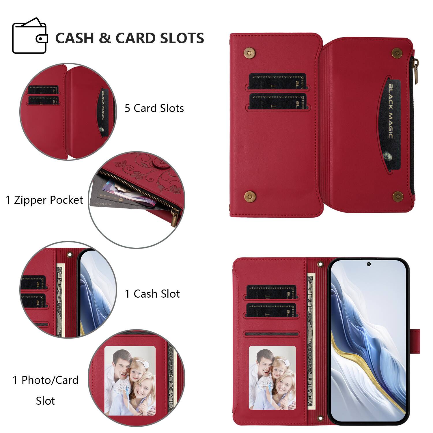 CASH & CARD SLOTS

- 5 Card Slots
- 1 Zipper Pocket
- 1 Cash Slot
- 1 Photo/Card Slot